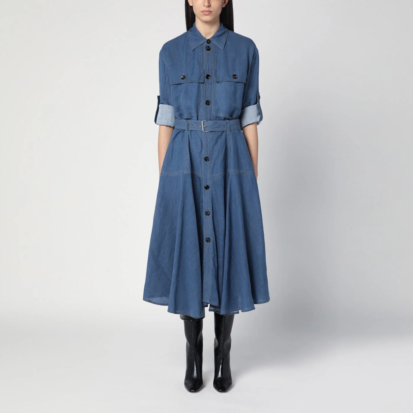 Blue linen-blend chemise dress - 1