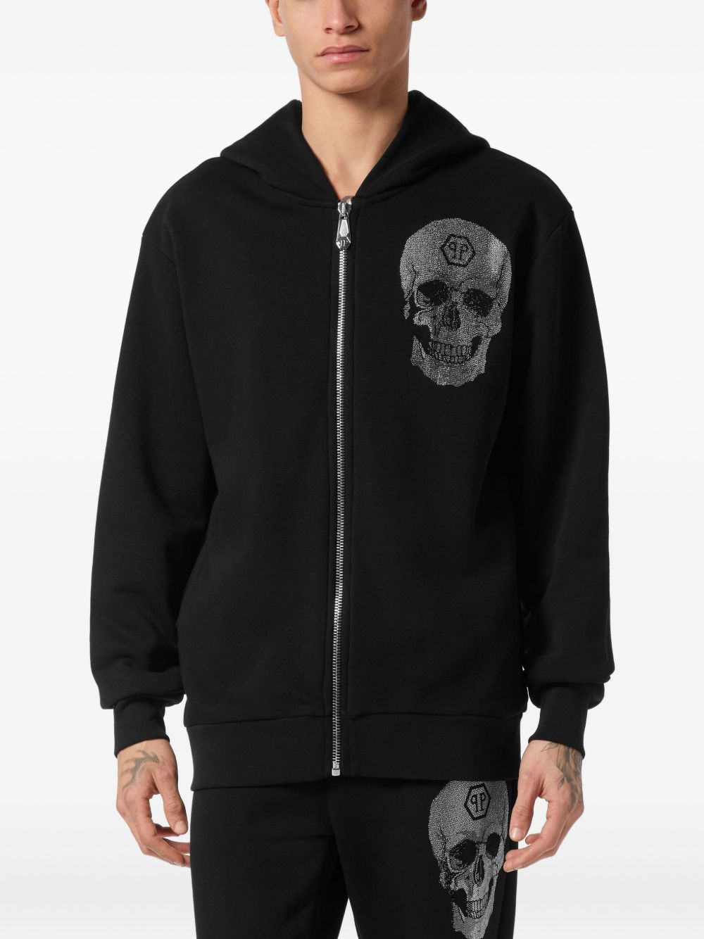 rhinestoned-skull zip hoodie - 2
