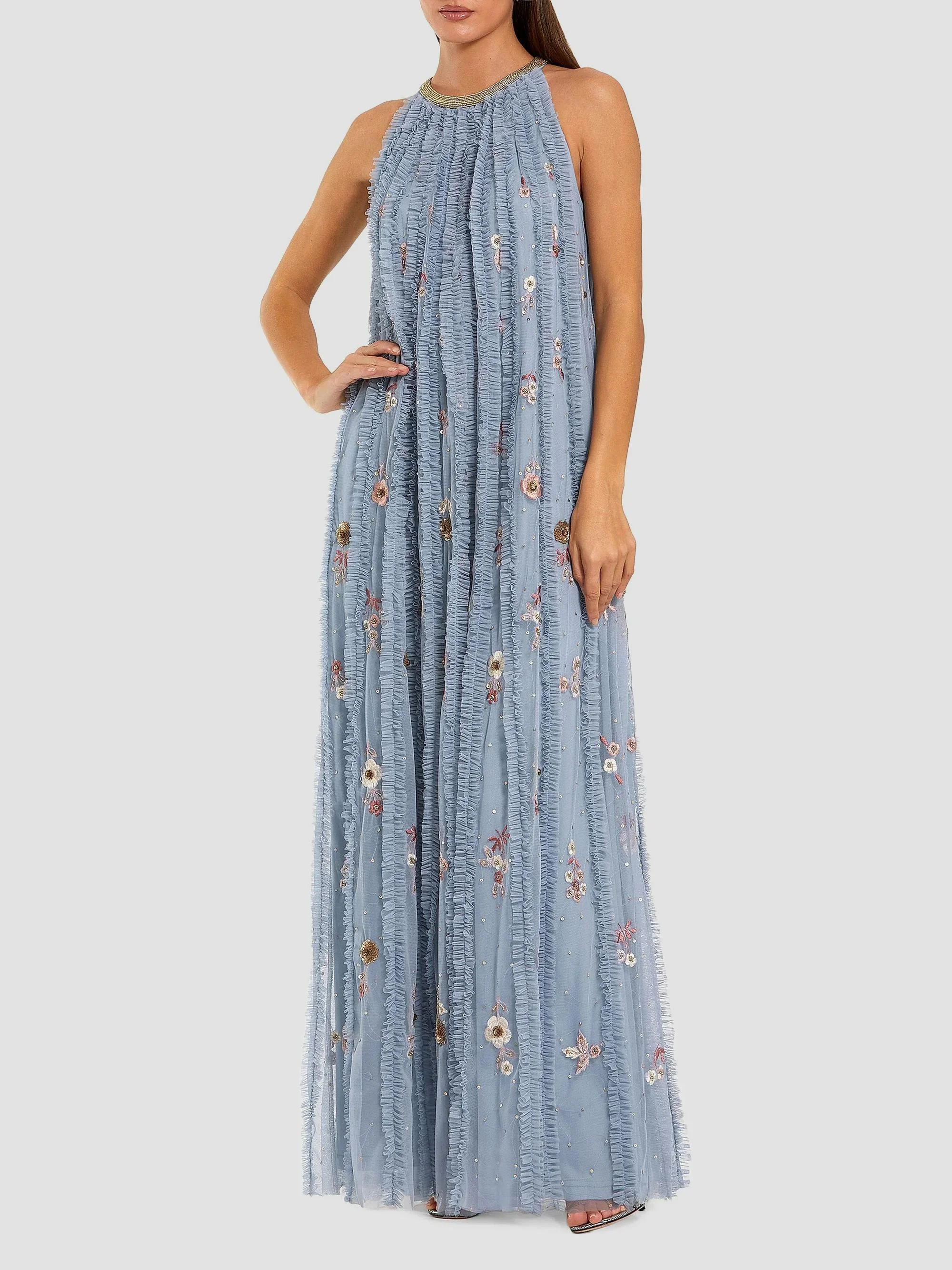Women's Ruffled Floral Mesh Maxi Dress - Blue Multi - 1