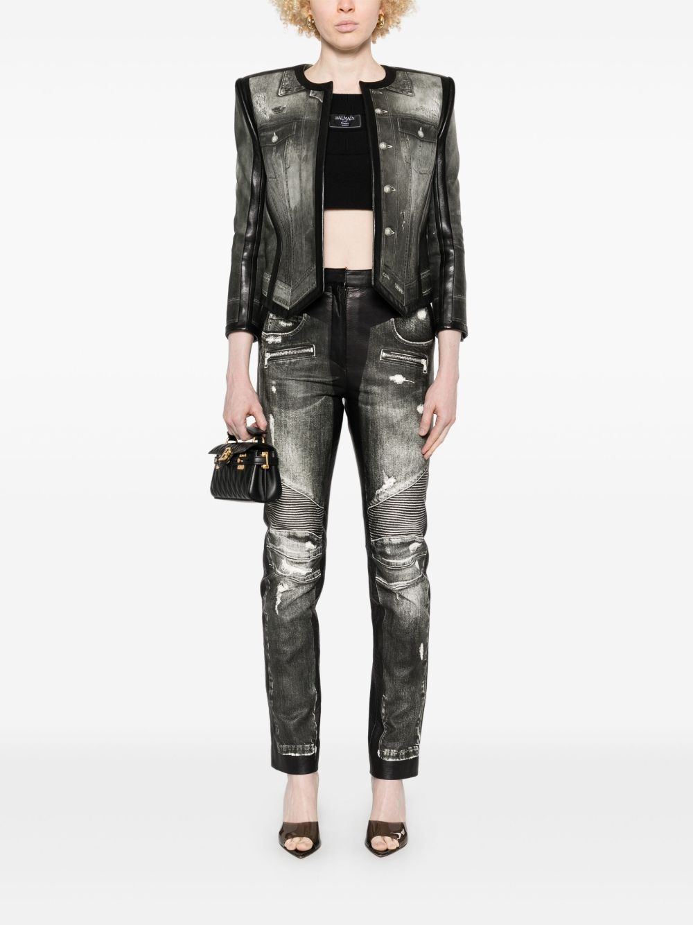 denim-print leather jacket - 2
