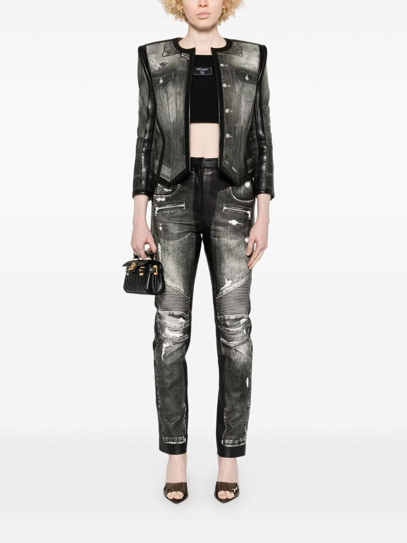 Balmain denim-print leather jacket outlook