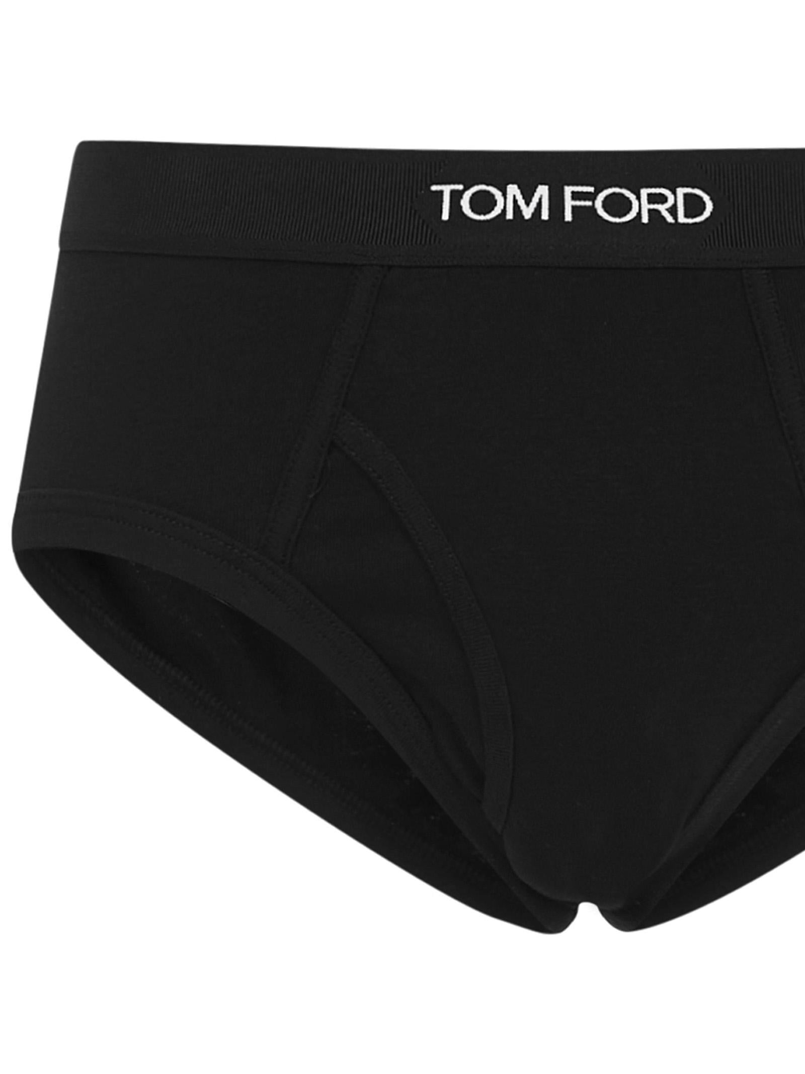 Black stretch cotton briefs with elastic waistband and Tom Ford jacquard logo. - 3