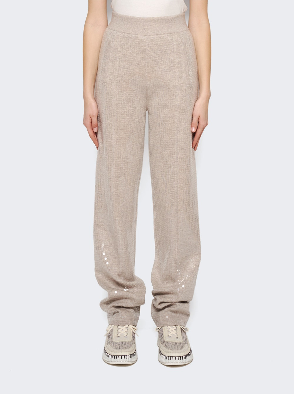 Sequinned Cashmere Cotton Blend Trousers Beige Melange - 3