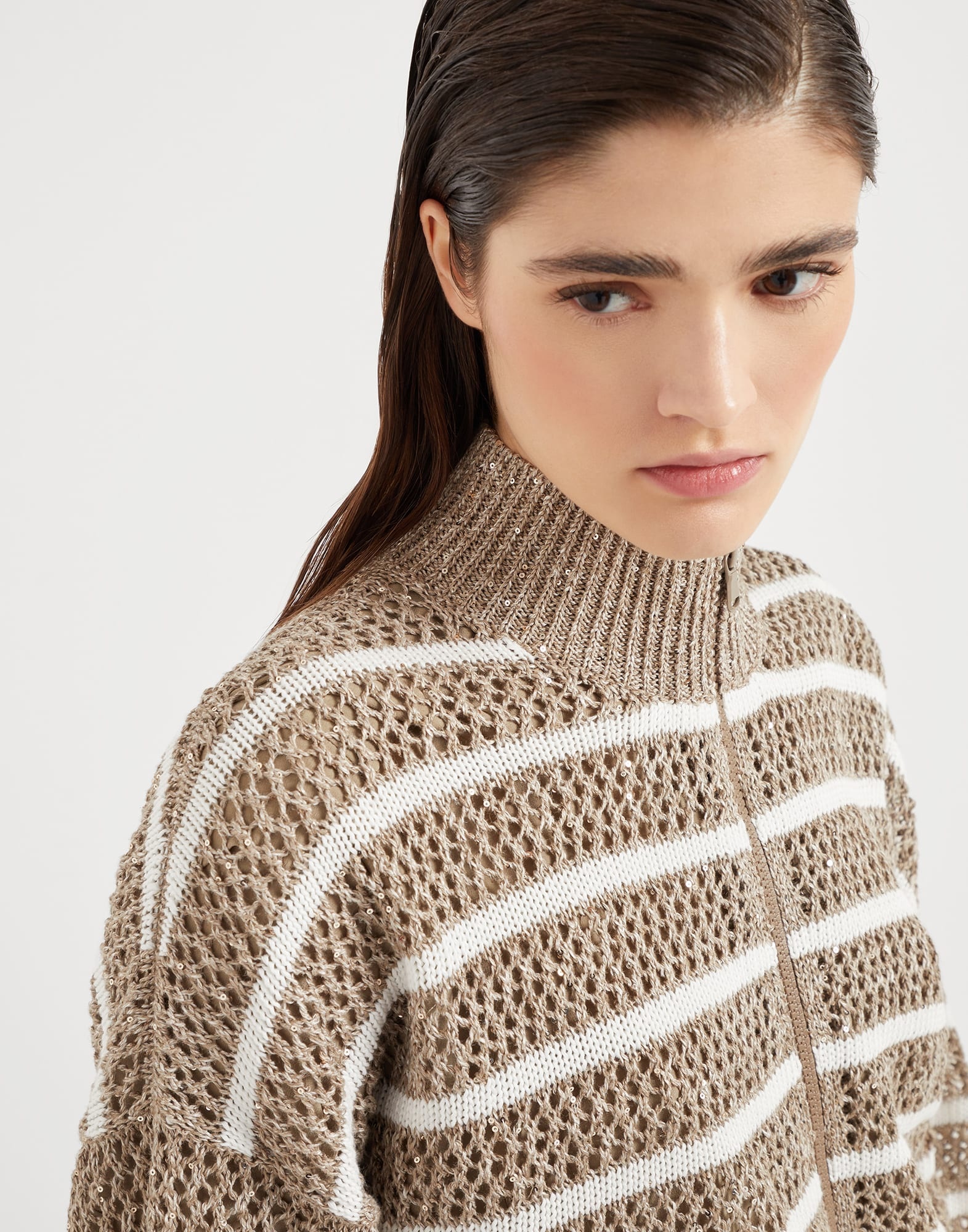 Linen dazzling striped net cardigan - 3