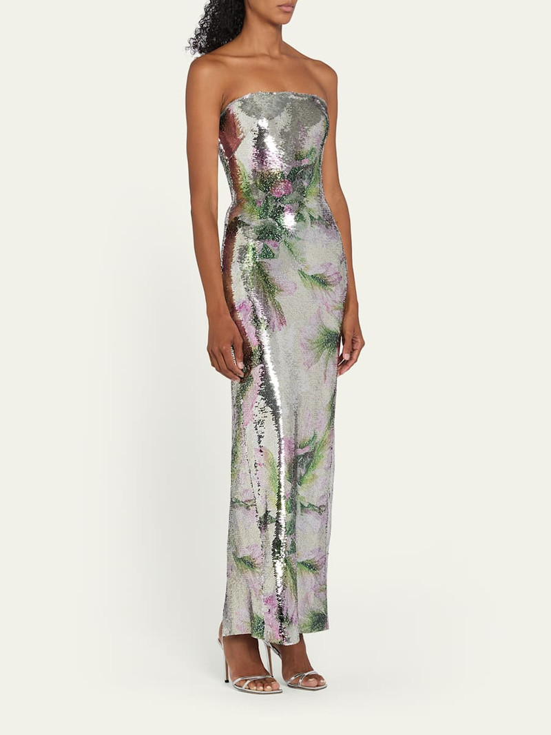 Floral-Print Sequined Strapless Column Gown 4
