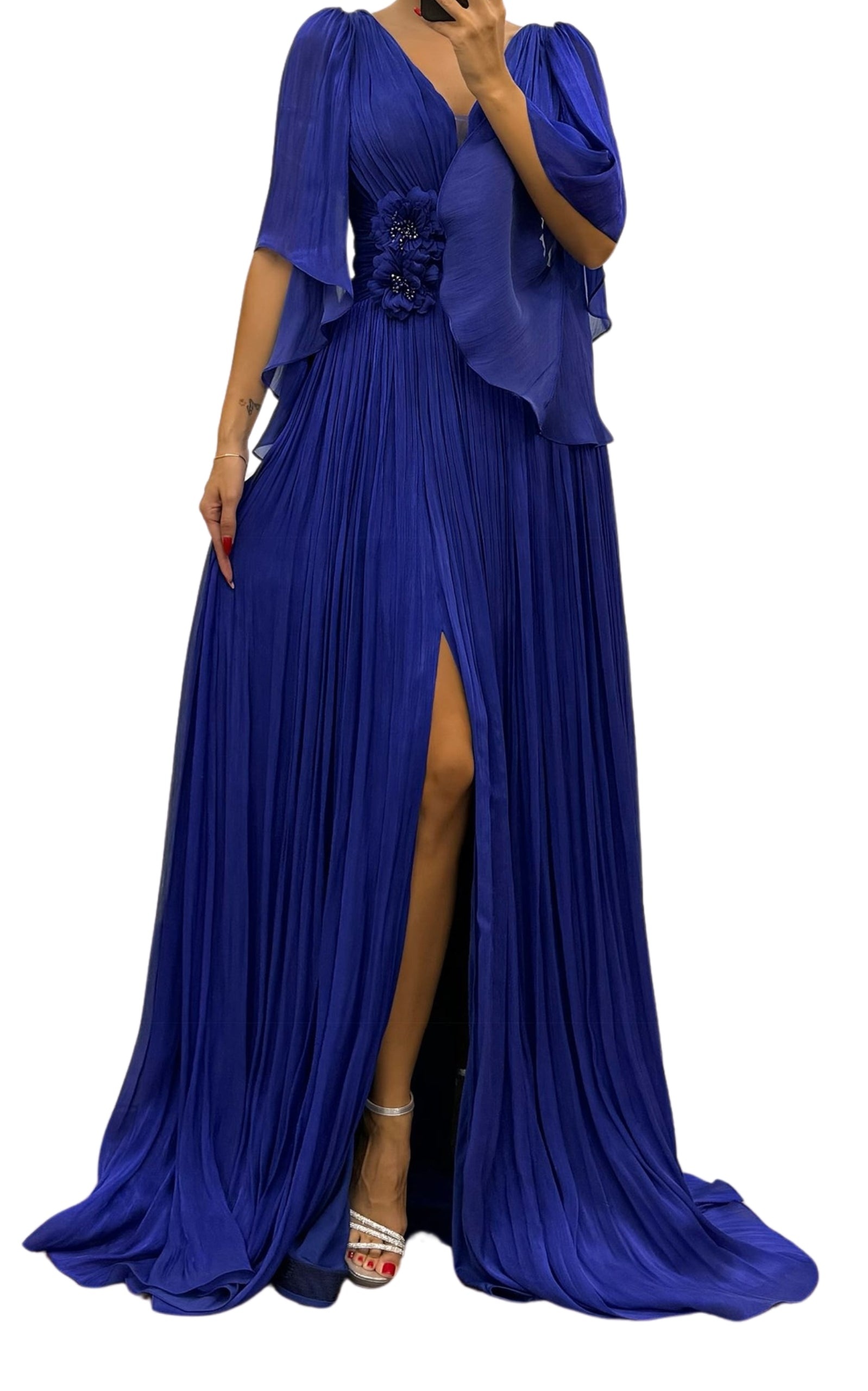 Cult Moda - Elegant Chiffon Evening Dress Gown with Floral Brooch in Blue - 4