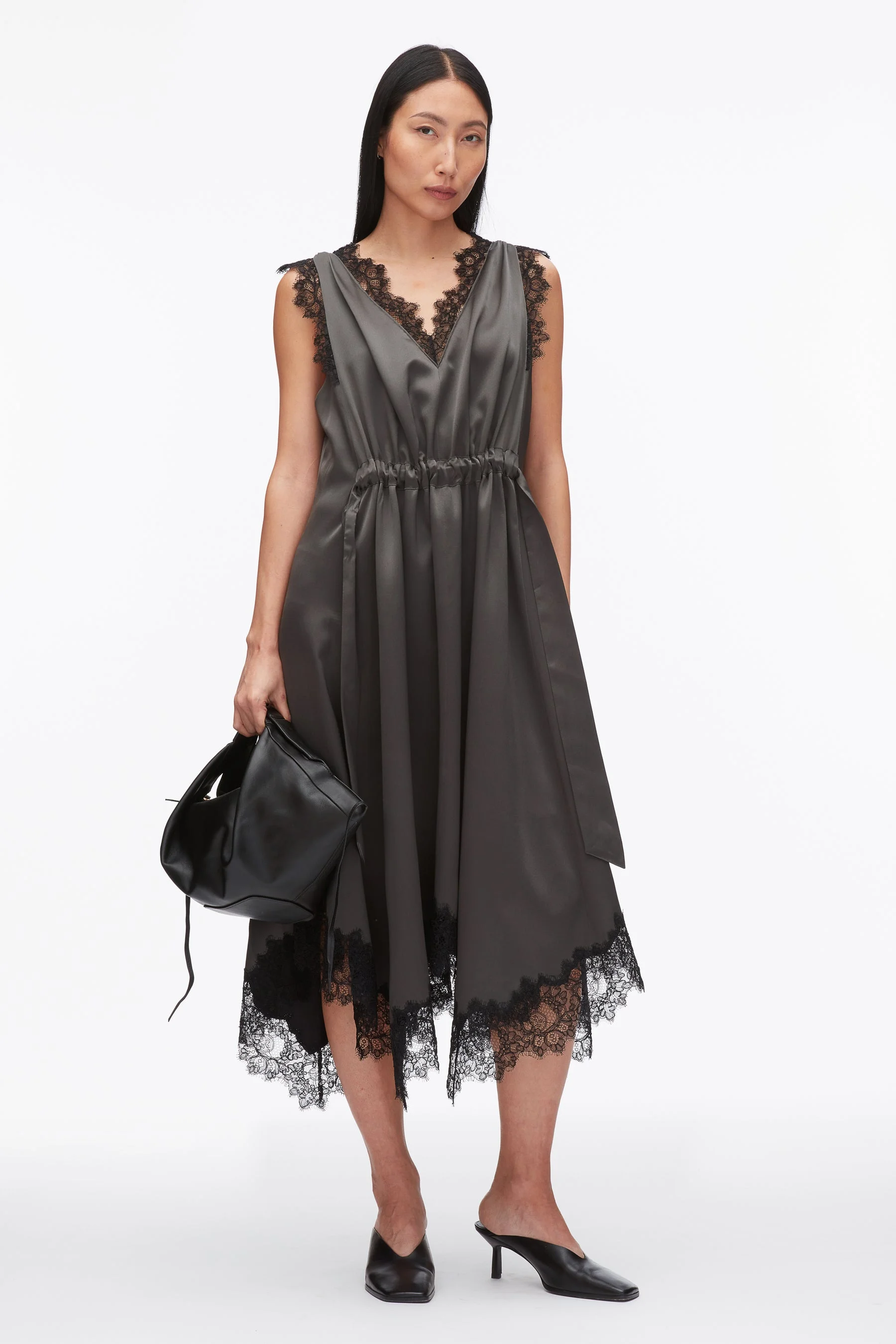 V-Neck Midi Dress with Lace Trim - 1