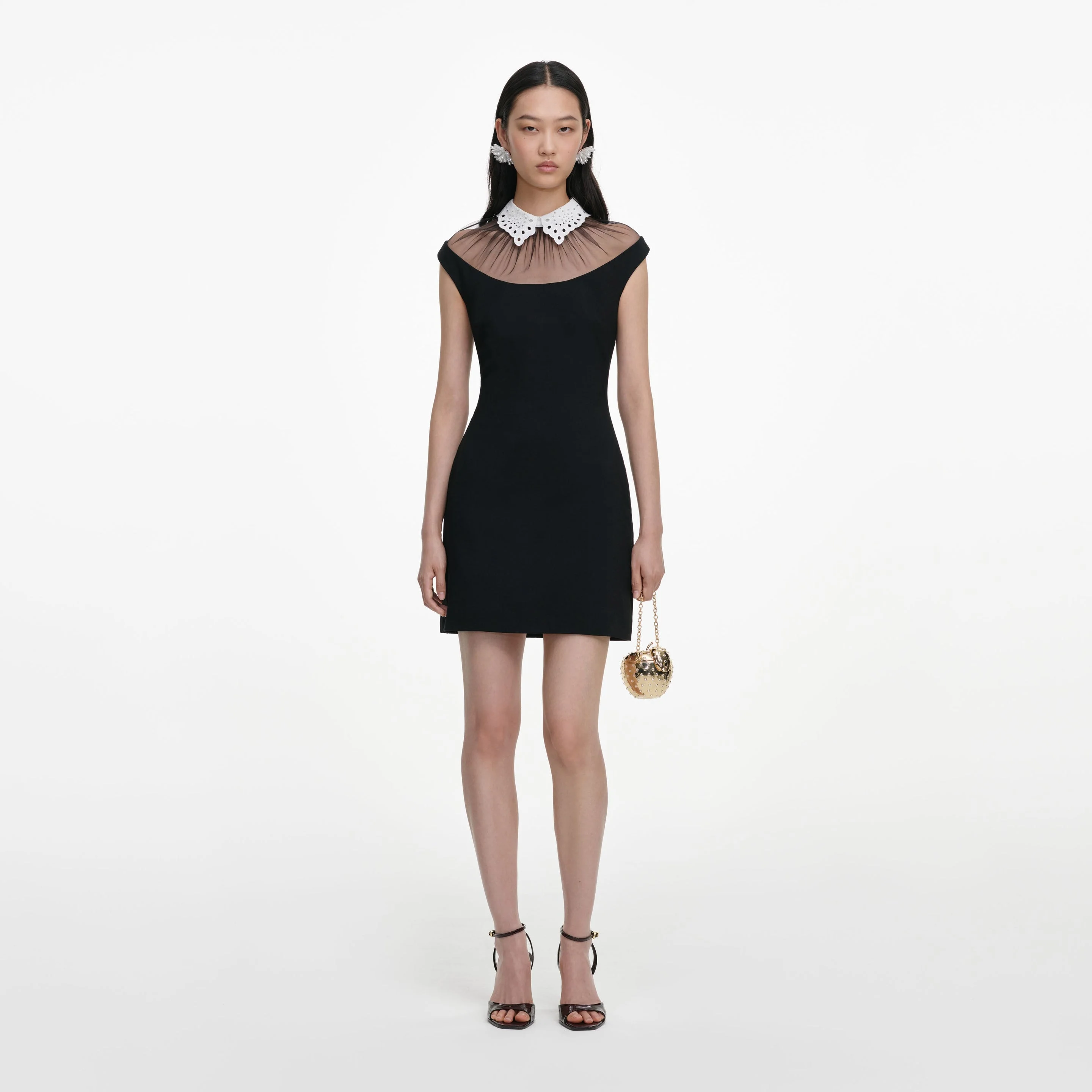 Black Crepe Contrast Collar Mini Dress - 1