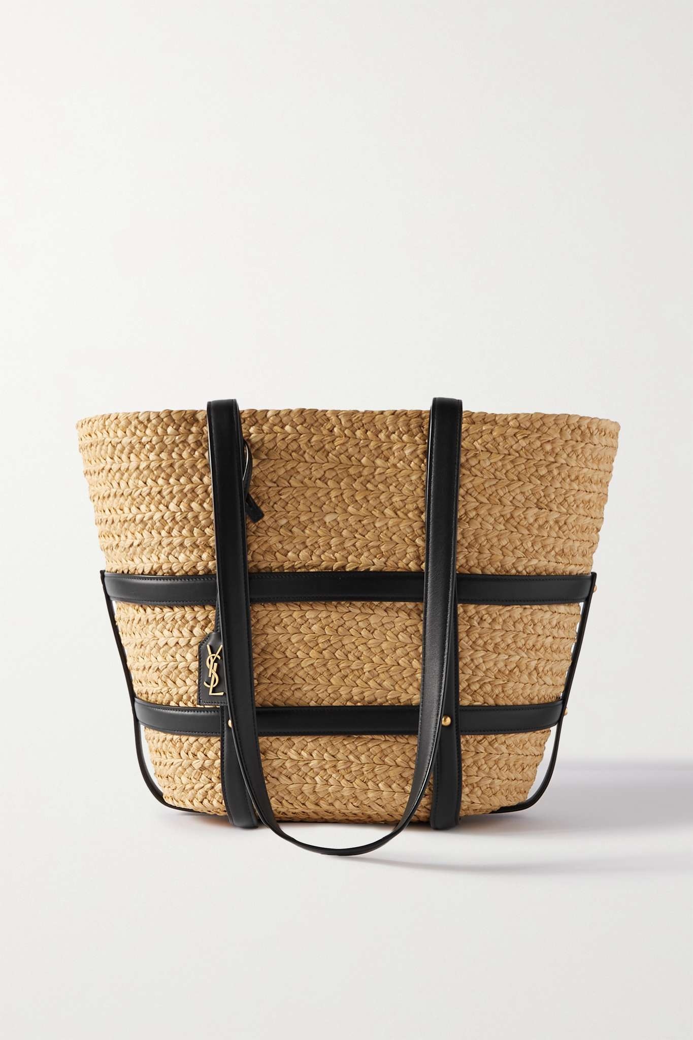 Panier studded leather-trimmed woven raffia tote - 1