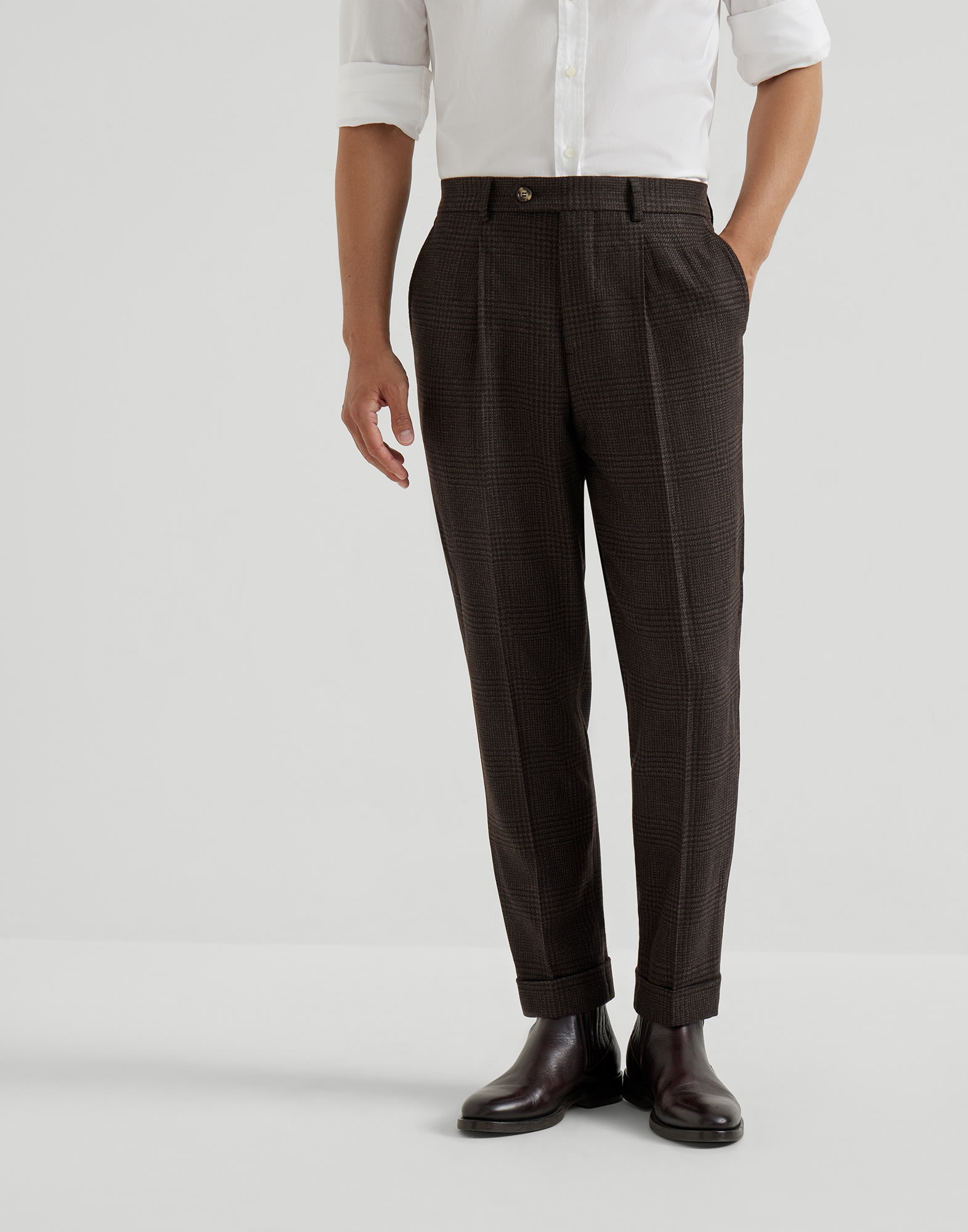 Wool, cashmere and silk tone-on-tone Prince of Wales leisure fit trousers with pleat - 1
