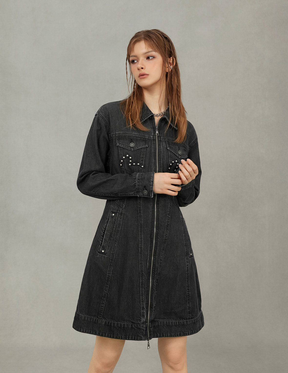 Seagull Embroidery with Studs Fashion Fit Denim Zipper Dress - 9