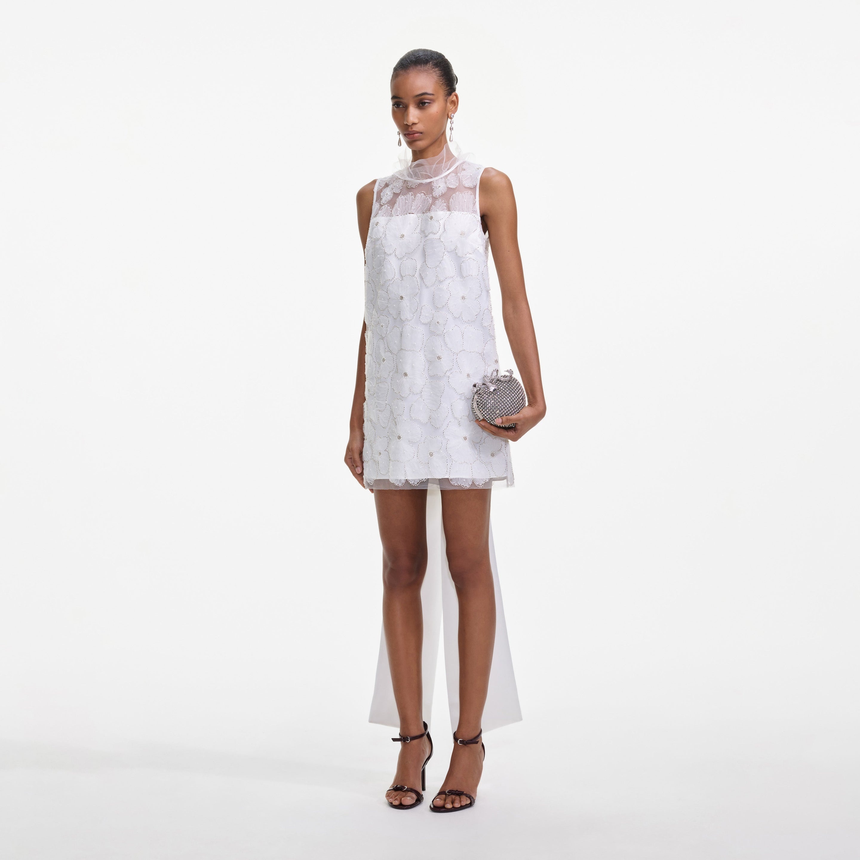 White Tulle Satin Bow Mini Dress - 2