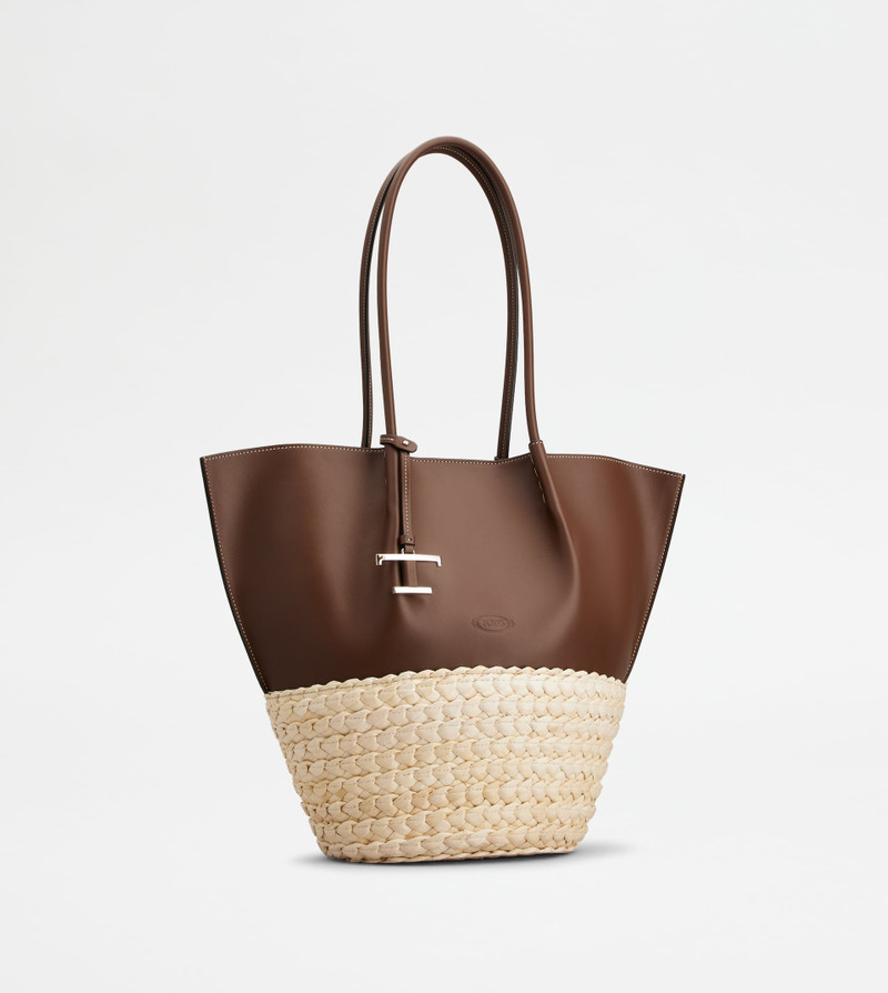 Tod's SHOPPING BAG IN STRAW AND LEATHER MEDIUM - BROWN, NATURAL outlook