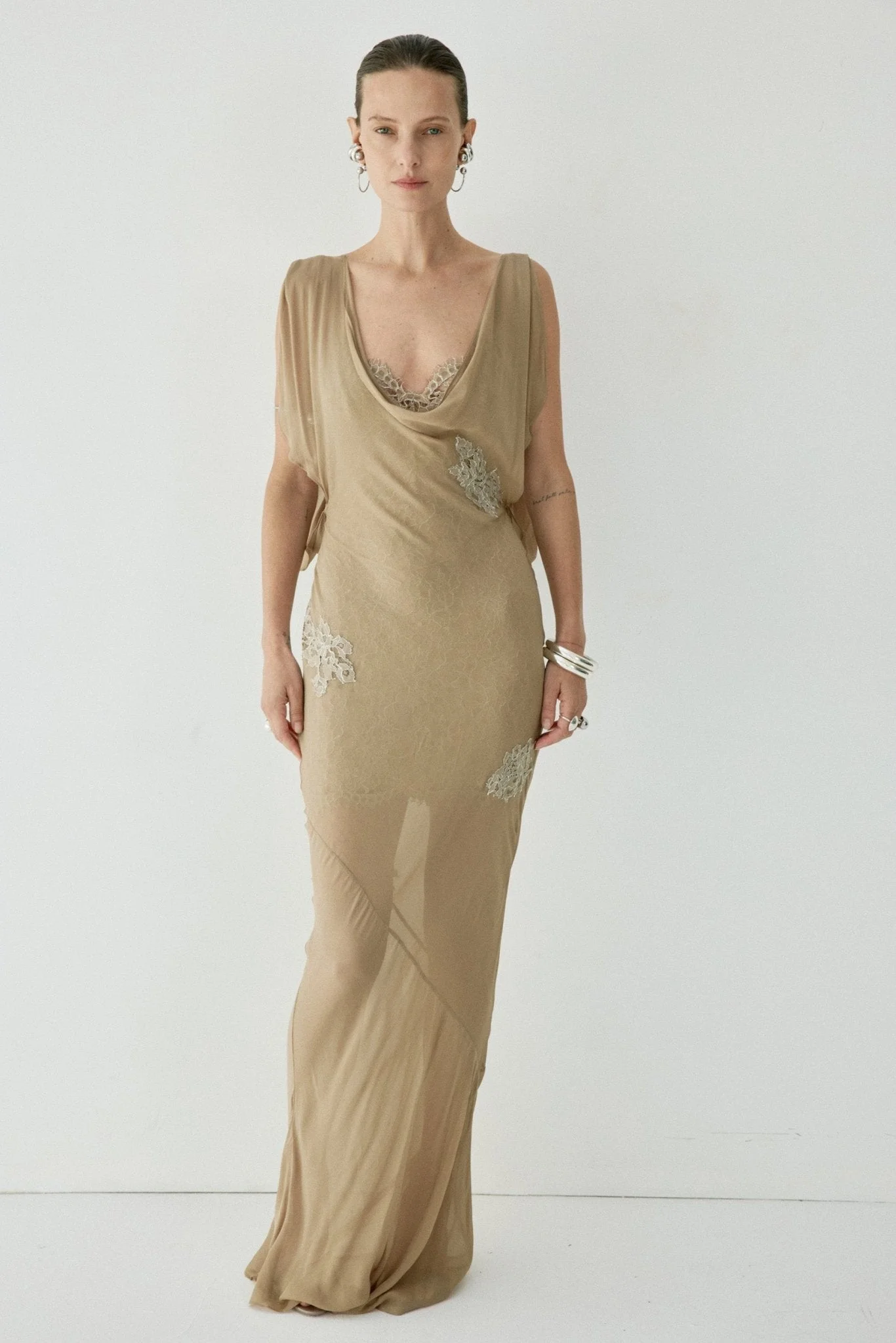 EMERALD MAXI DRESS IN TRUFFLE BROWN LACE - 1