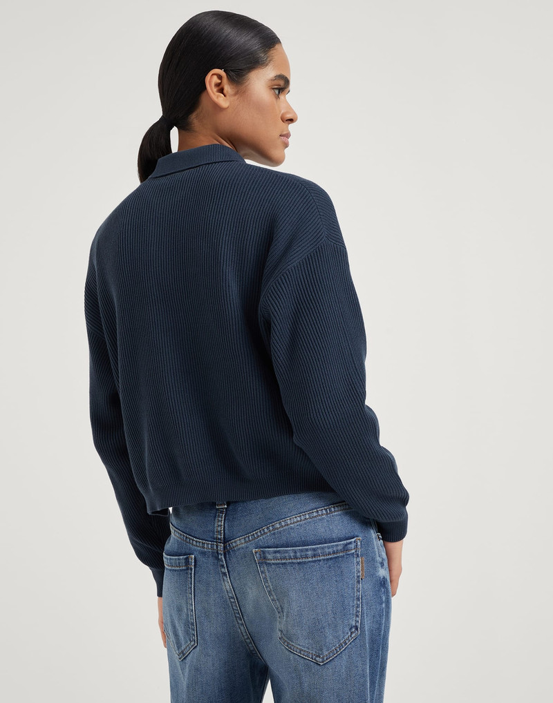 Brunello Cucinelli Cotton English rib polo-style sweater with monili outlook
