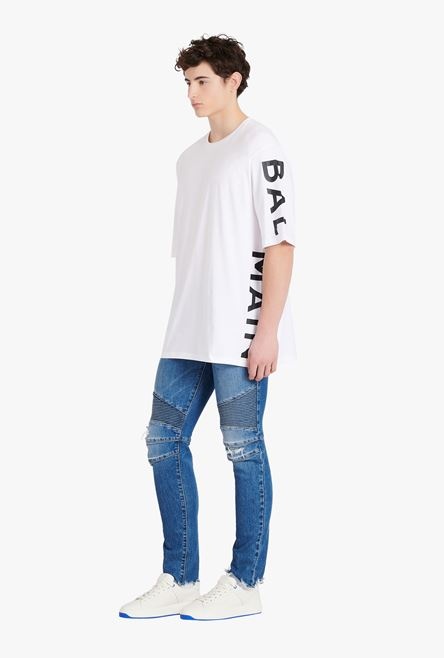 Oversized white eco-designed cotton T-shirt with black Balmain logo print - 7