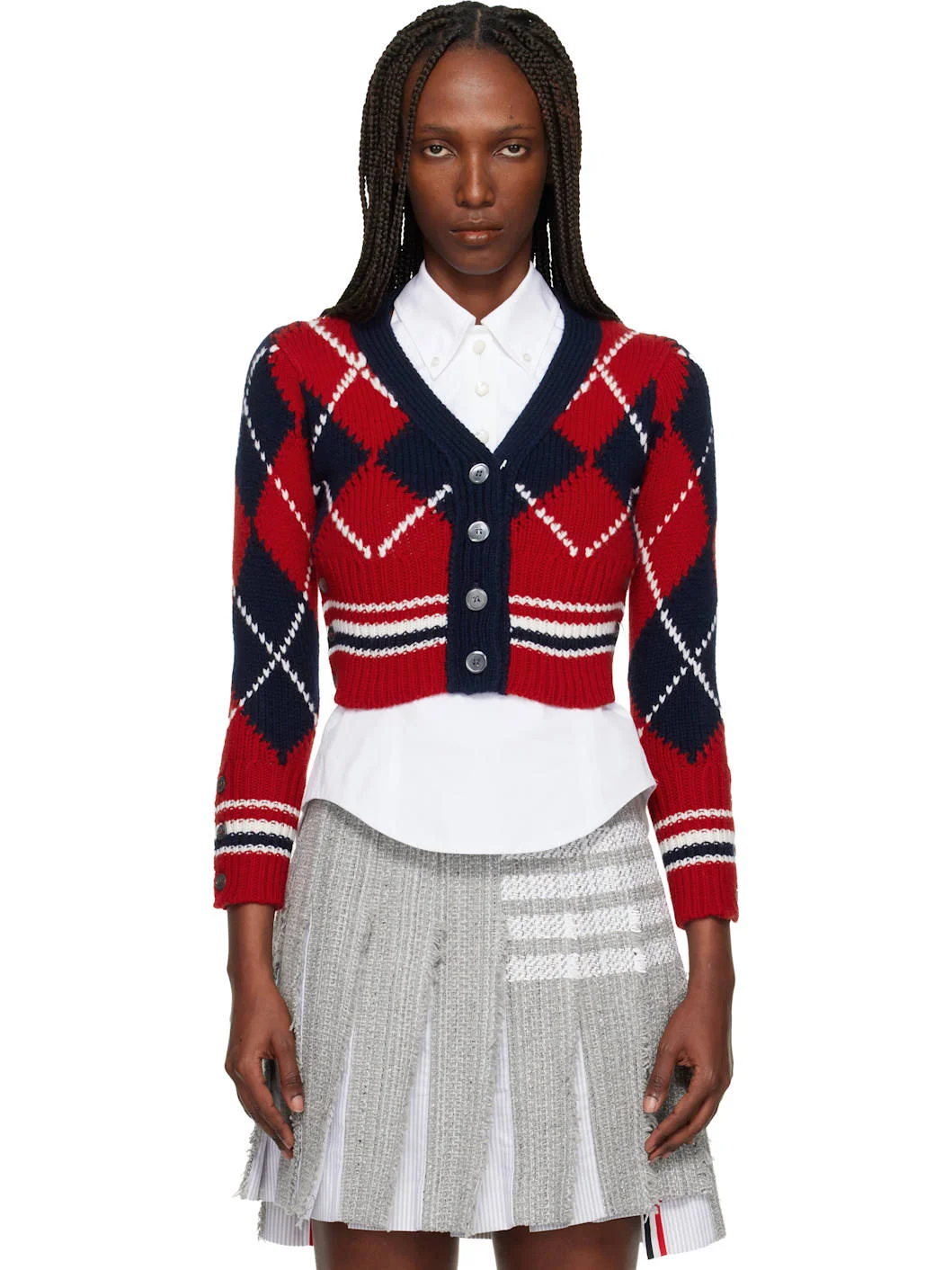 Red Argyle Intarsia Merino Wool Shrunken Cardigan - 1