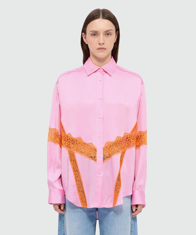 MSGM Pink satin shirt with lace inserts outlook
