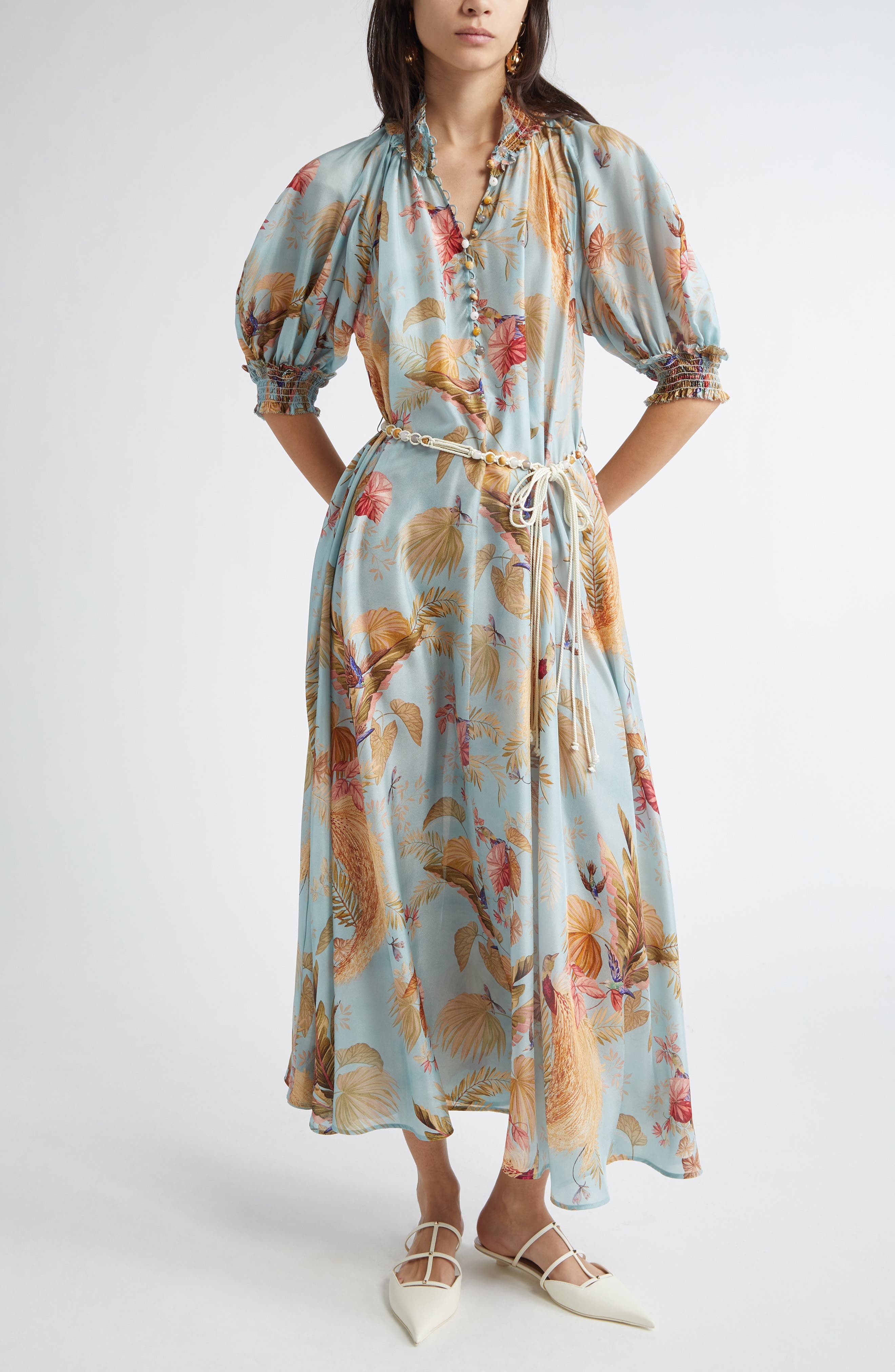 Zimmermann Ascension Print Silk Belted Dress in Aqua Palm Floral at Nordstrom - 1
