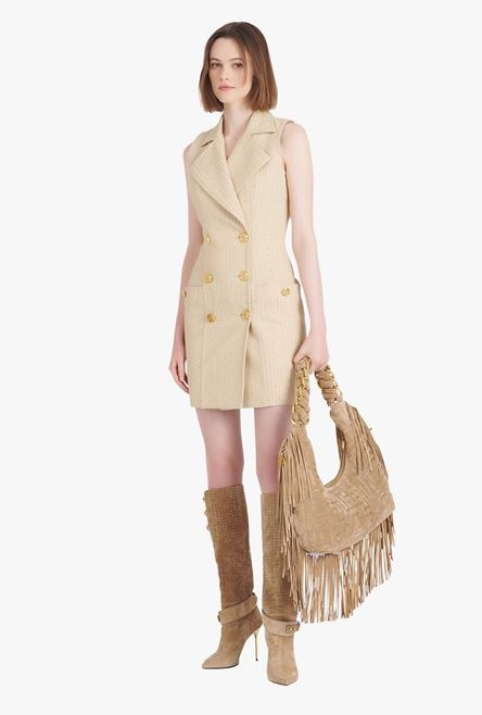 Short nude and white Balmain monogram jacquard dress with gold-tone double-buttoned fastening - 2