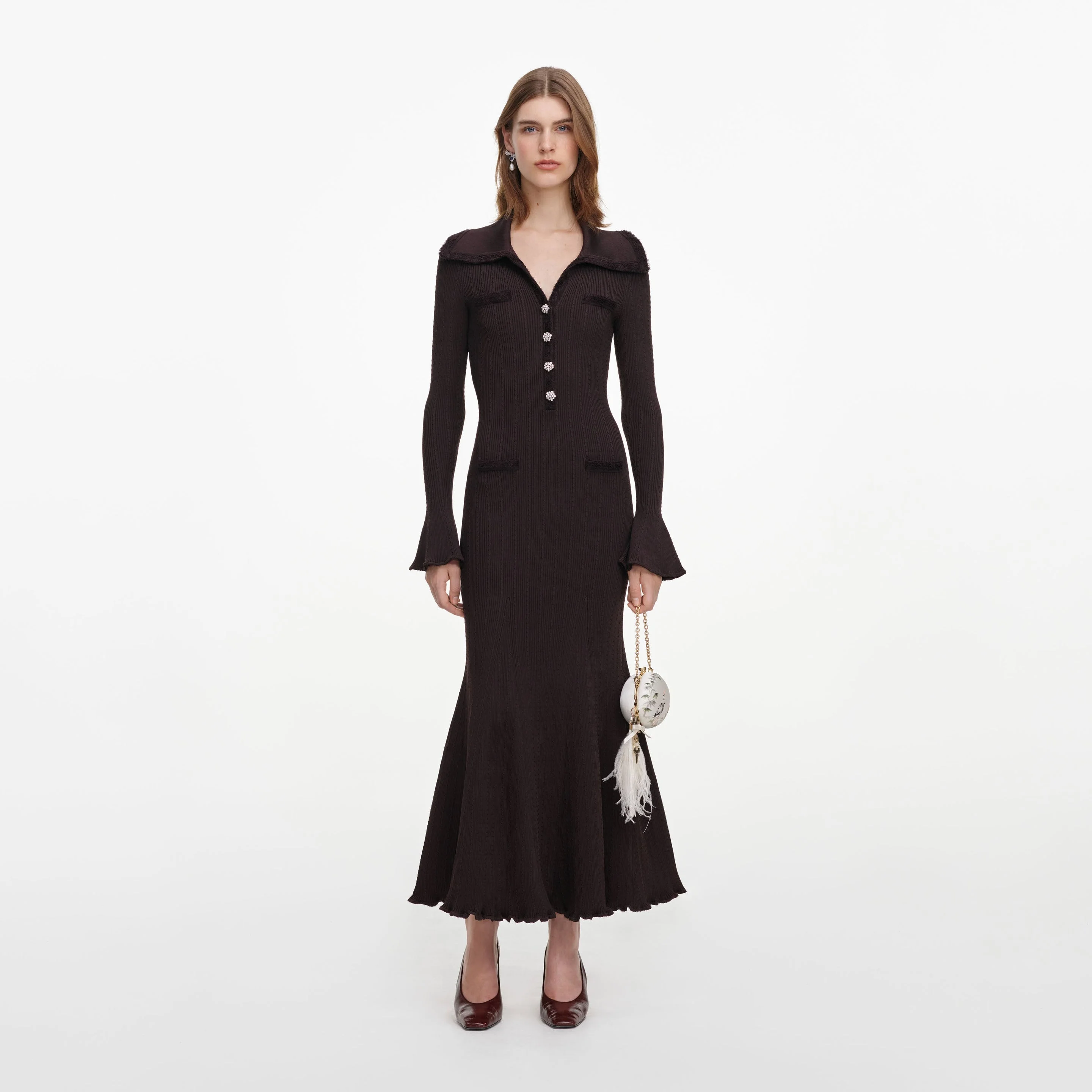 Brown Fringe Knit Midi Dress - 1