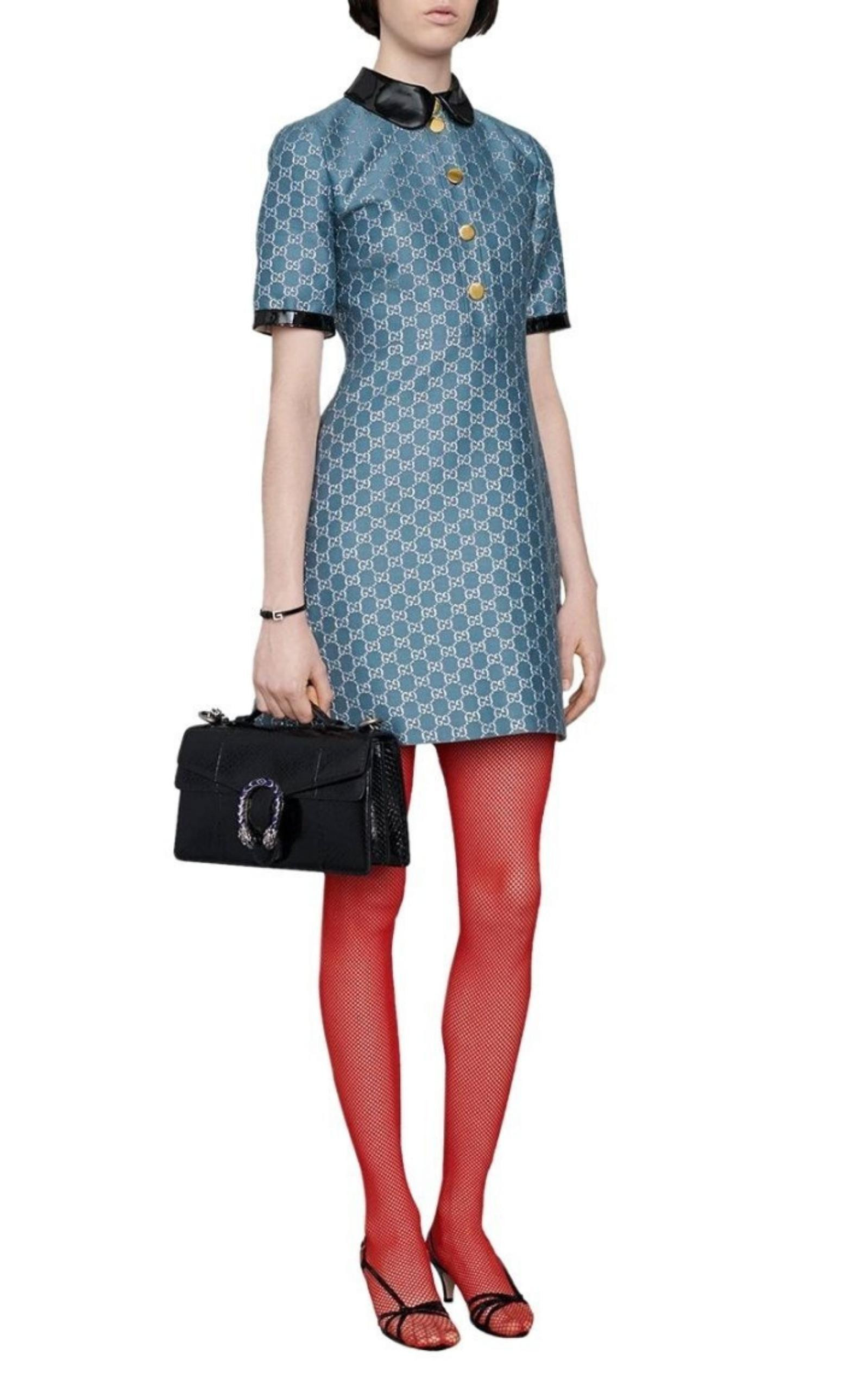 Blue GG Lamé Dress With Detachable Collar - 2