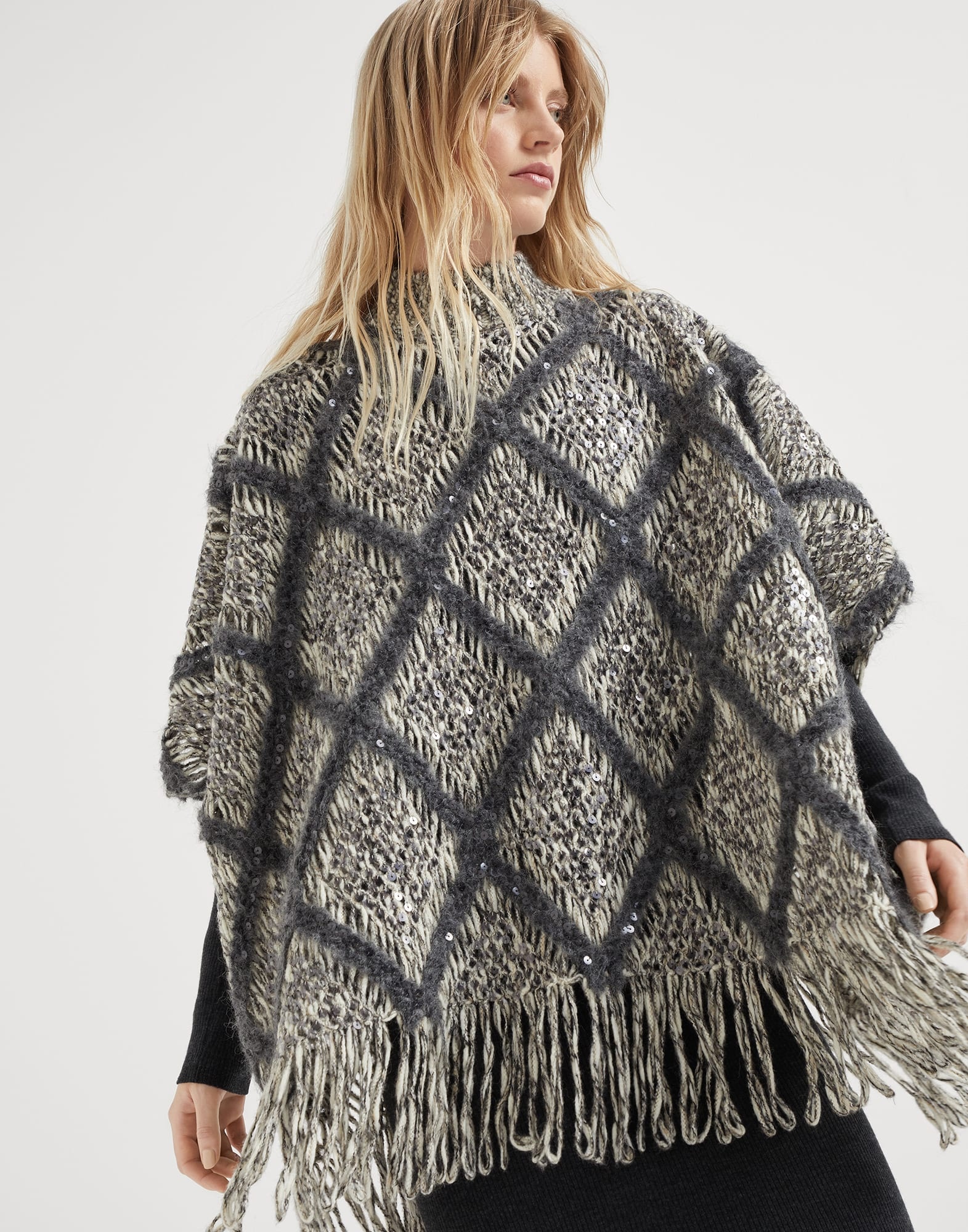 Brunello Cucinelli Wool and alpaca knit poncho with dazzling macro 