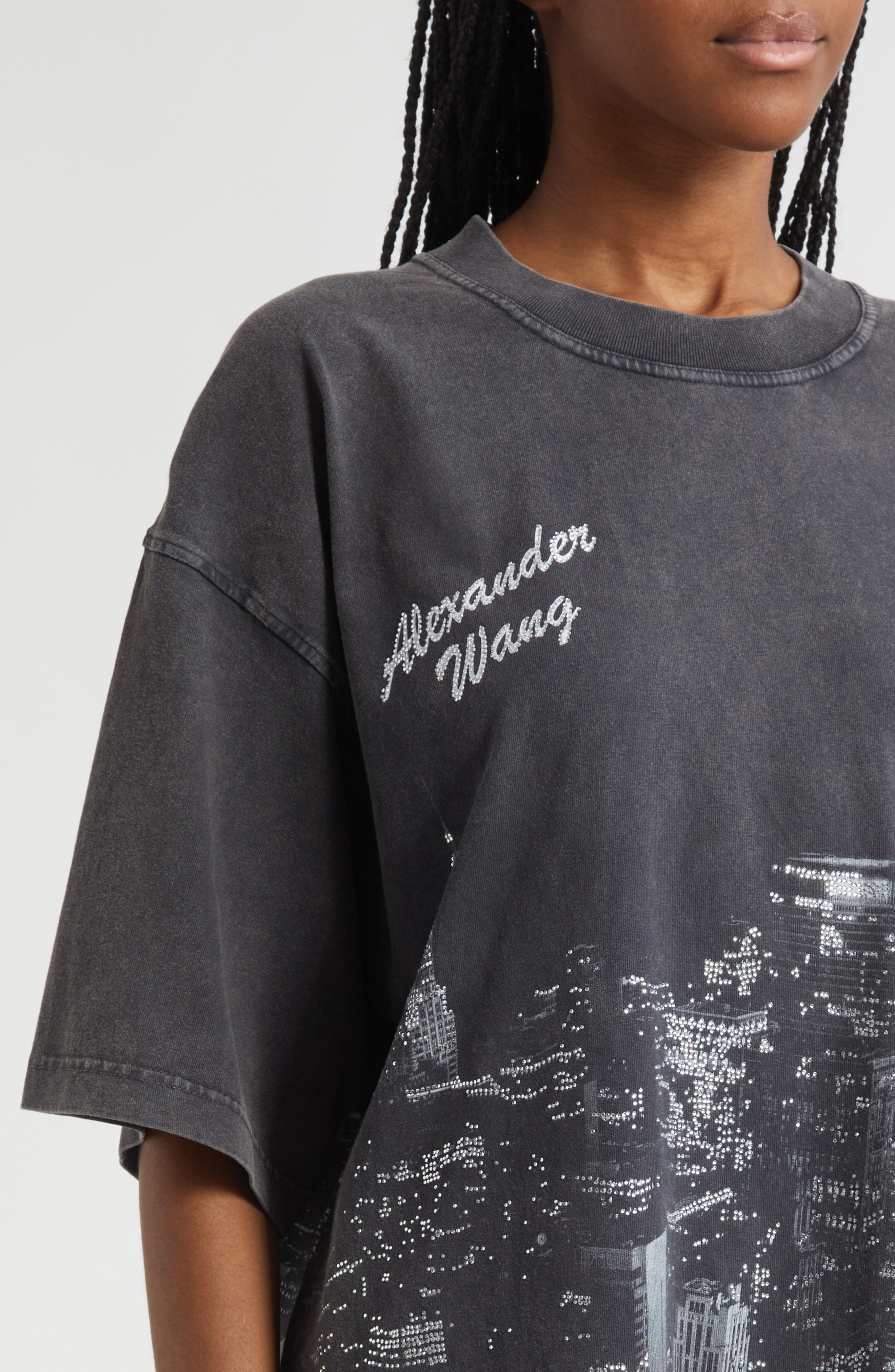 Alexander Wang New York City Skyline Crystal Embellished T-Shirt in Washed Black at Nordstrom - 4