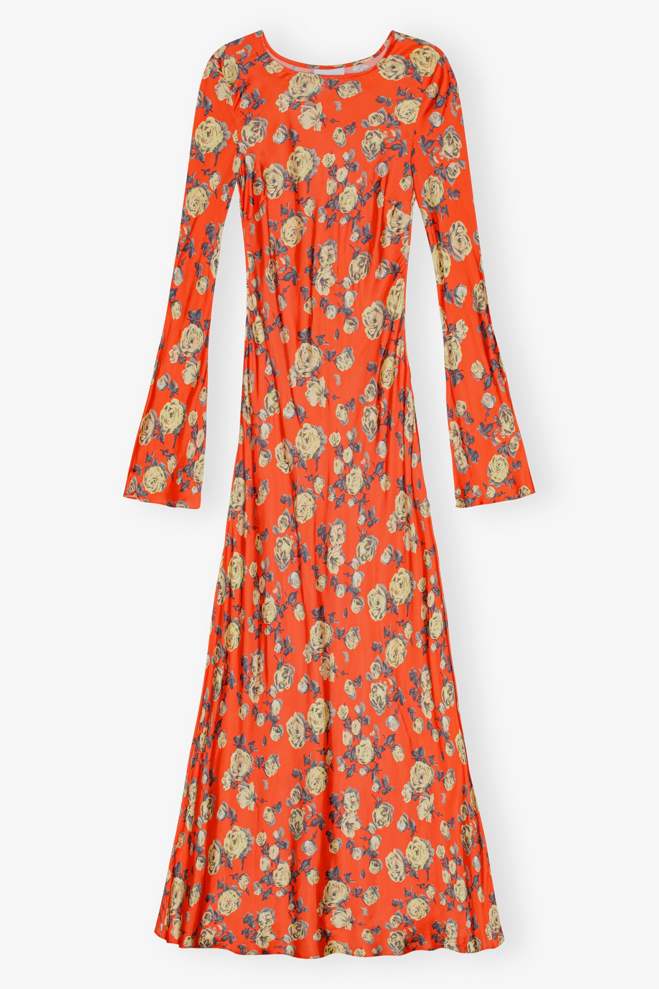 ORANGE FLORAL PRINTED SATIN MAXI DRESS - 1