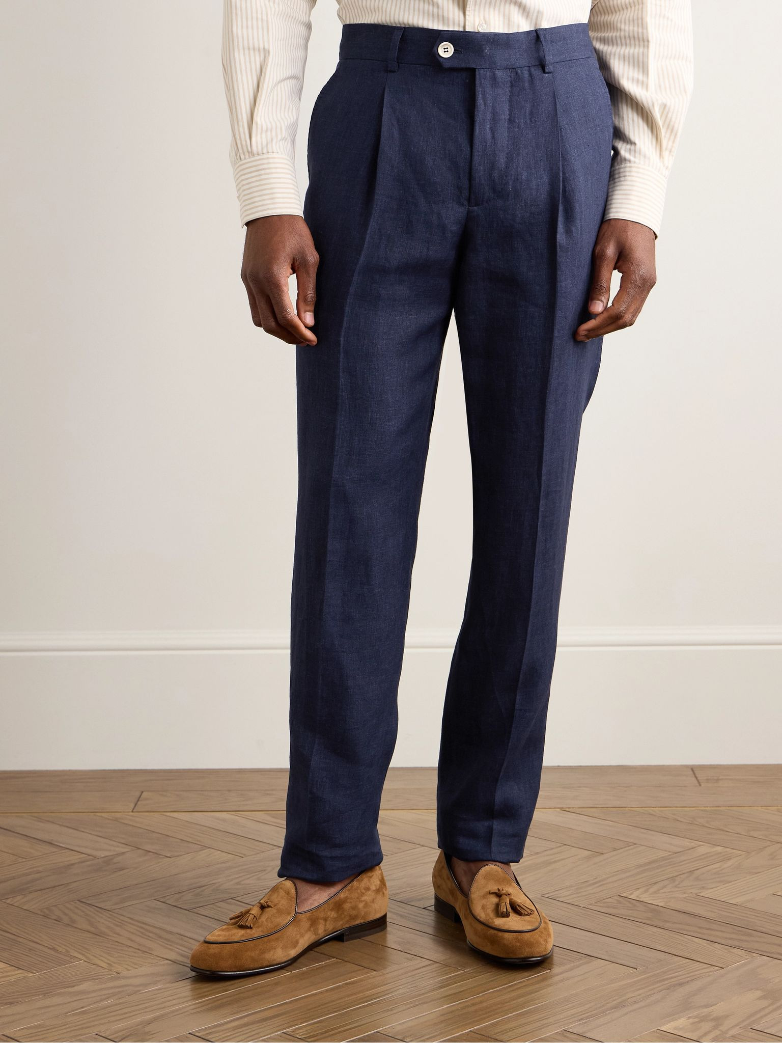 Slim-Fit Pleated Linen Suit Trousers Blue - 3