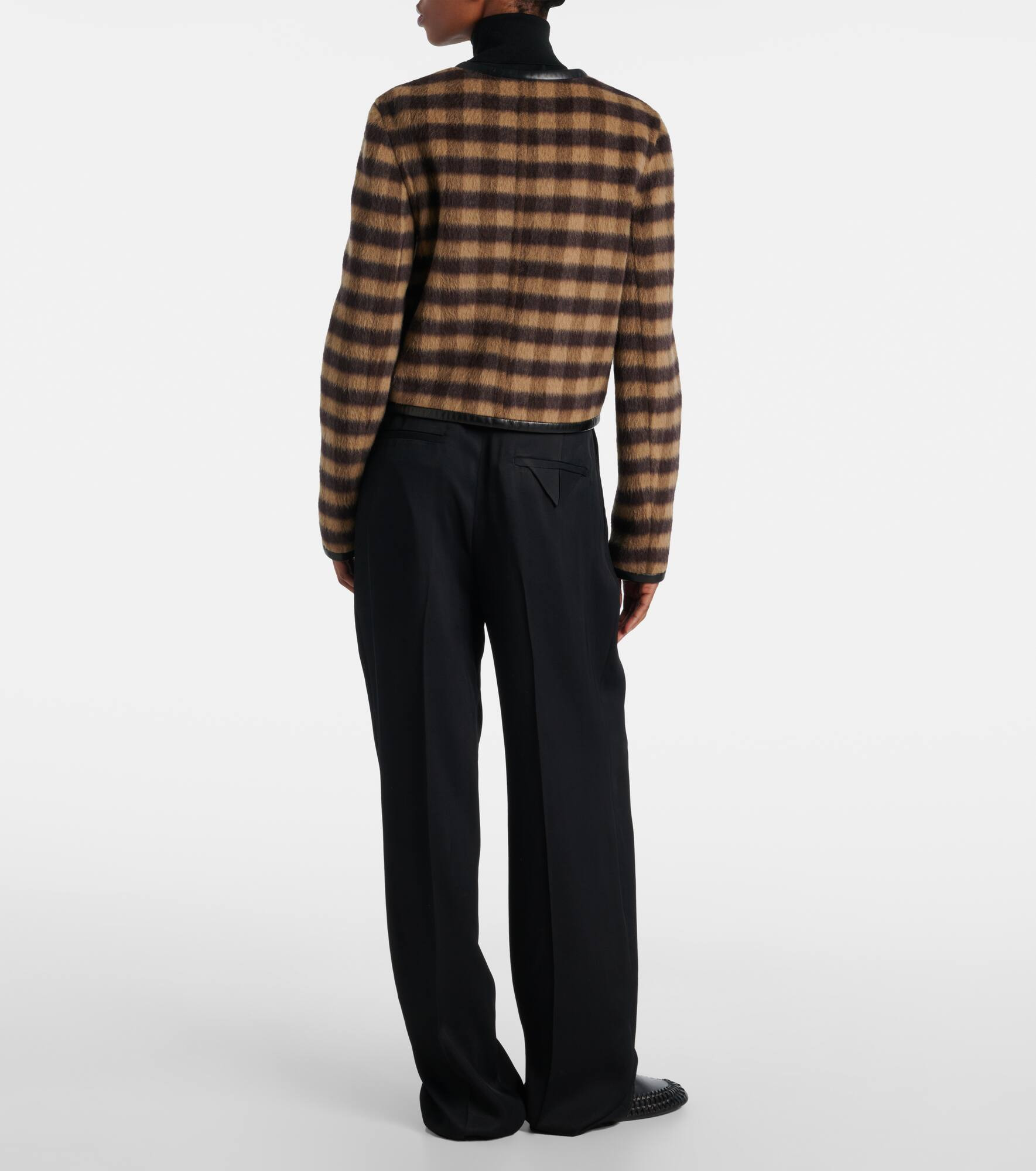 Checked leather-trimmed wool-blend jacket - 3