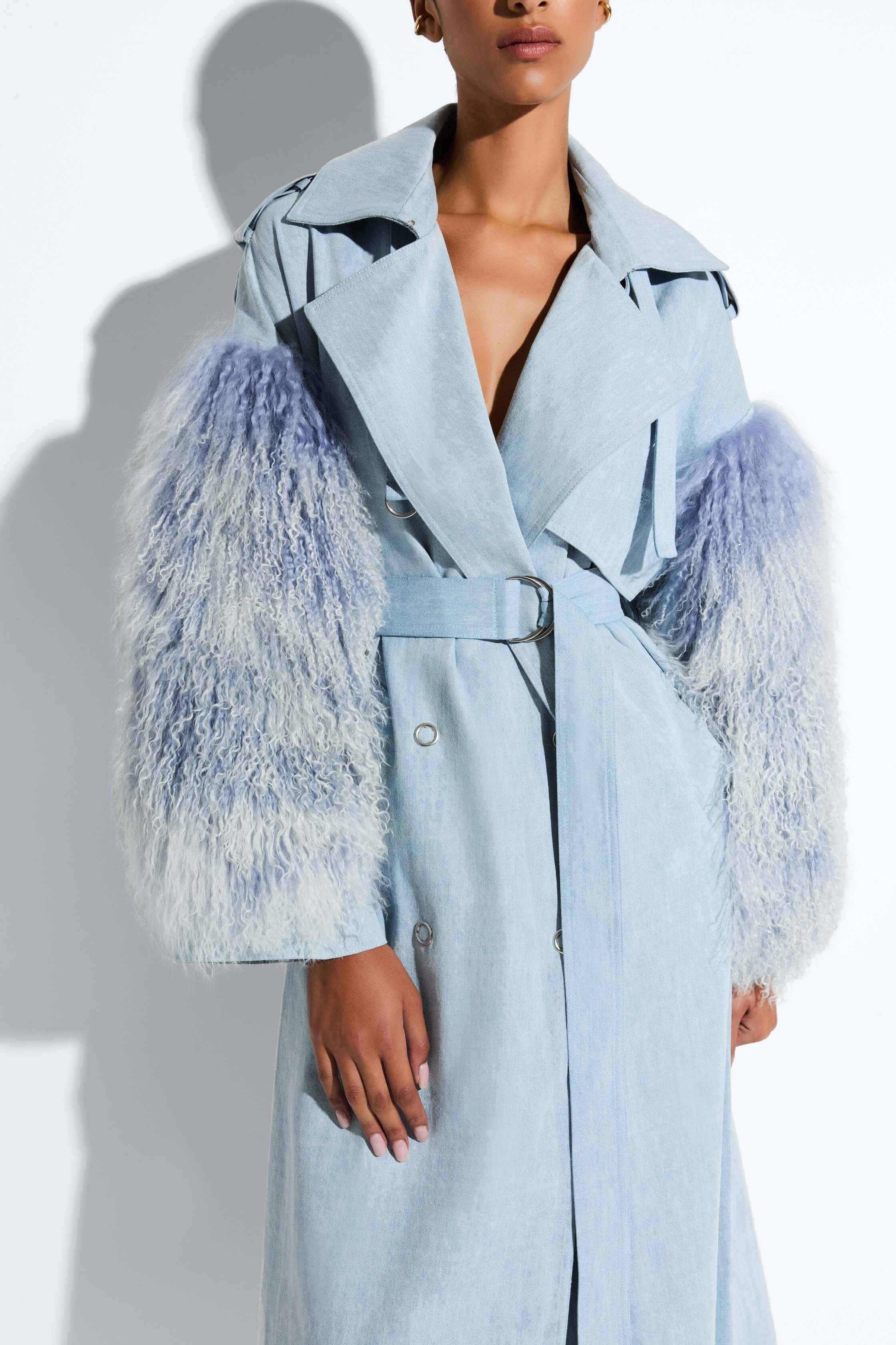 Washed Denim Double Breasted Trench With Shearling - 4