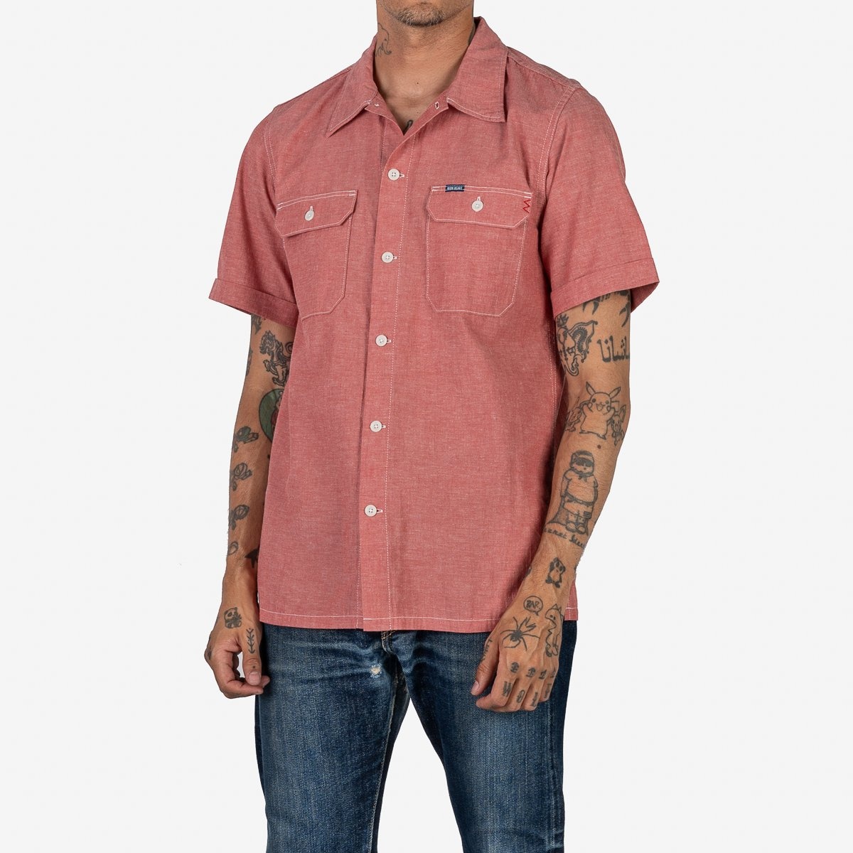 IHSH-388-RED 4oz Selvedge Short Sleeved Summer Shirt - Red - 2