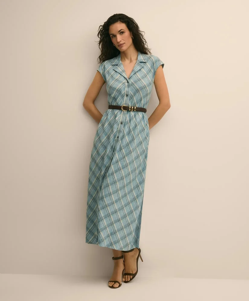 Linen Blend Plaid Belted Sleeveless Dress - 1