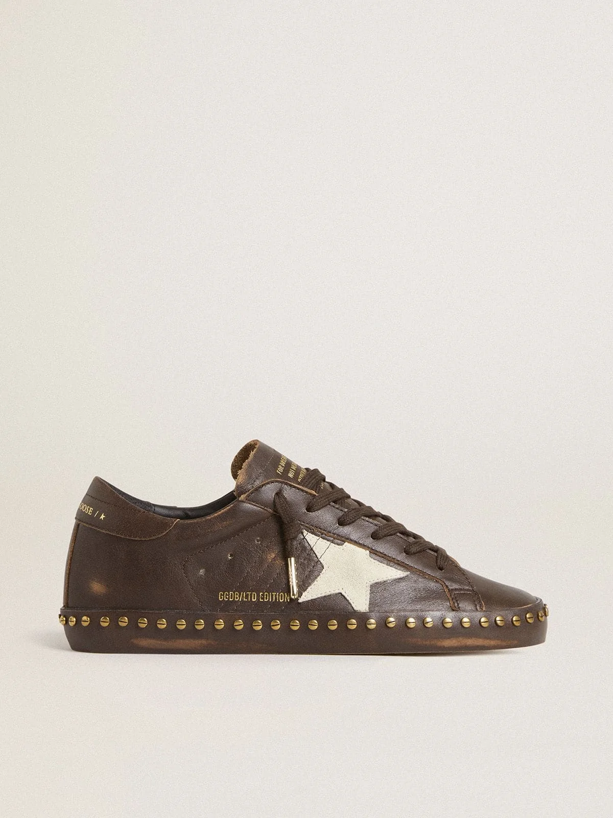 Women’s Super-Star LTD in dark brown leather with cream suede star and studs - 1