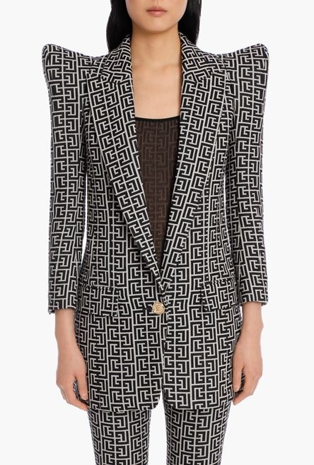 Long  bicolor jacquard one-button blazer with Balmain monogram - 5