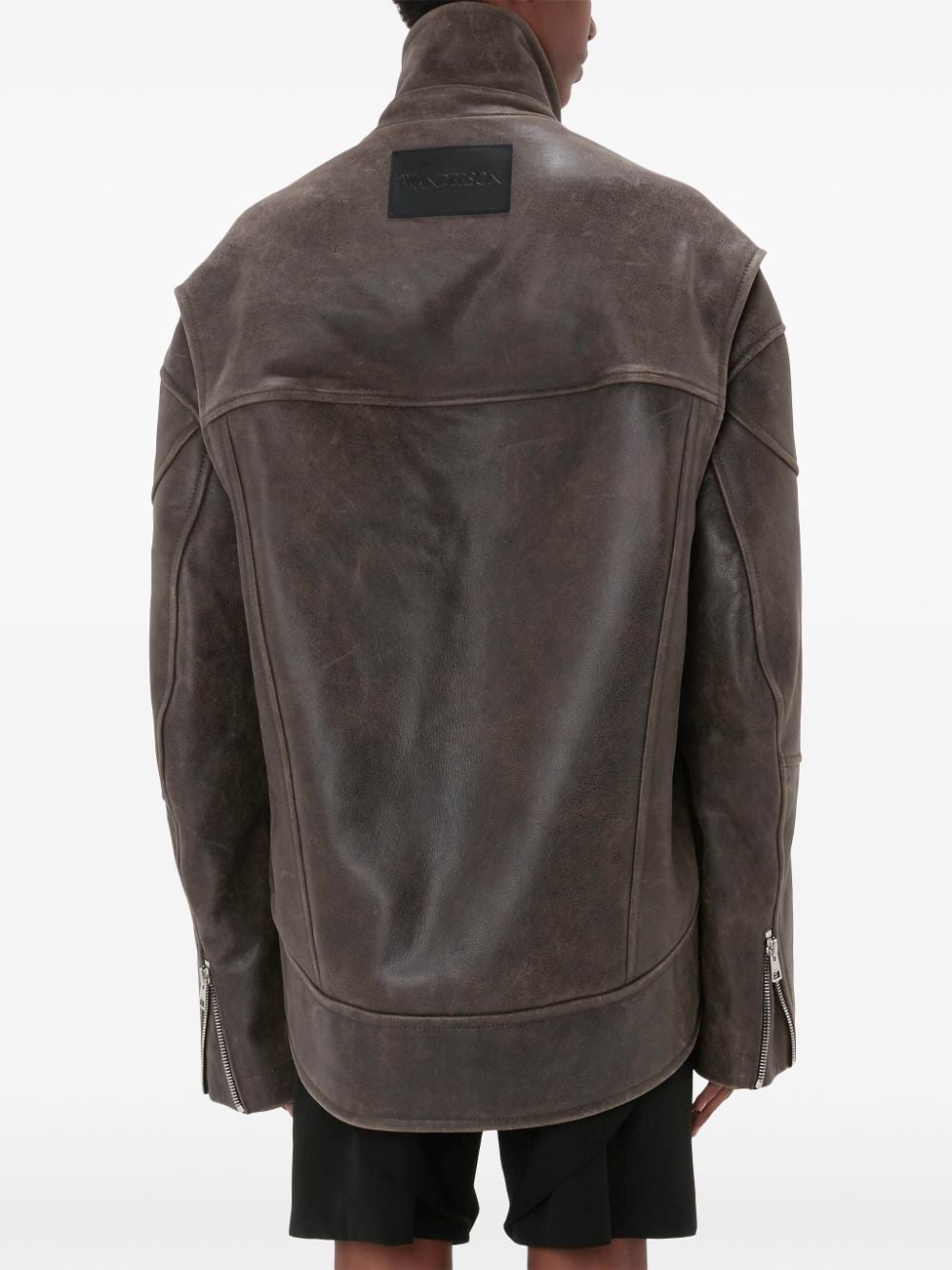 high-neck curved leather jacket - 4