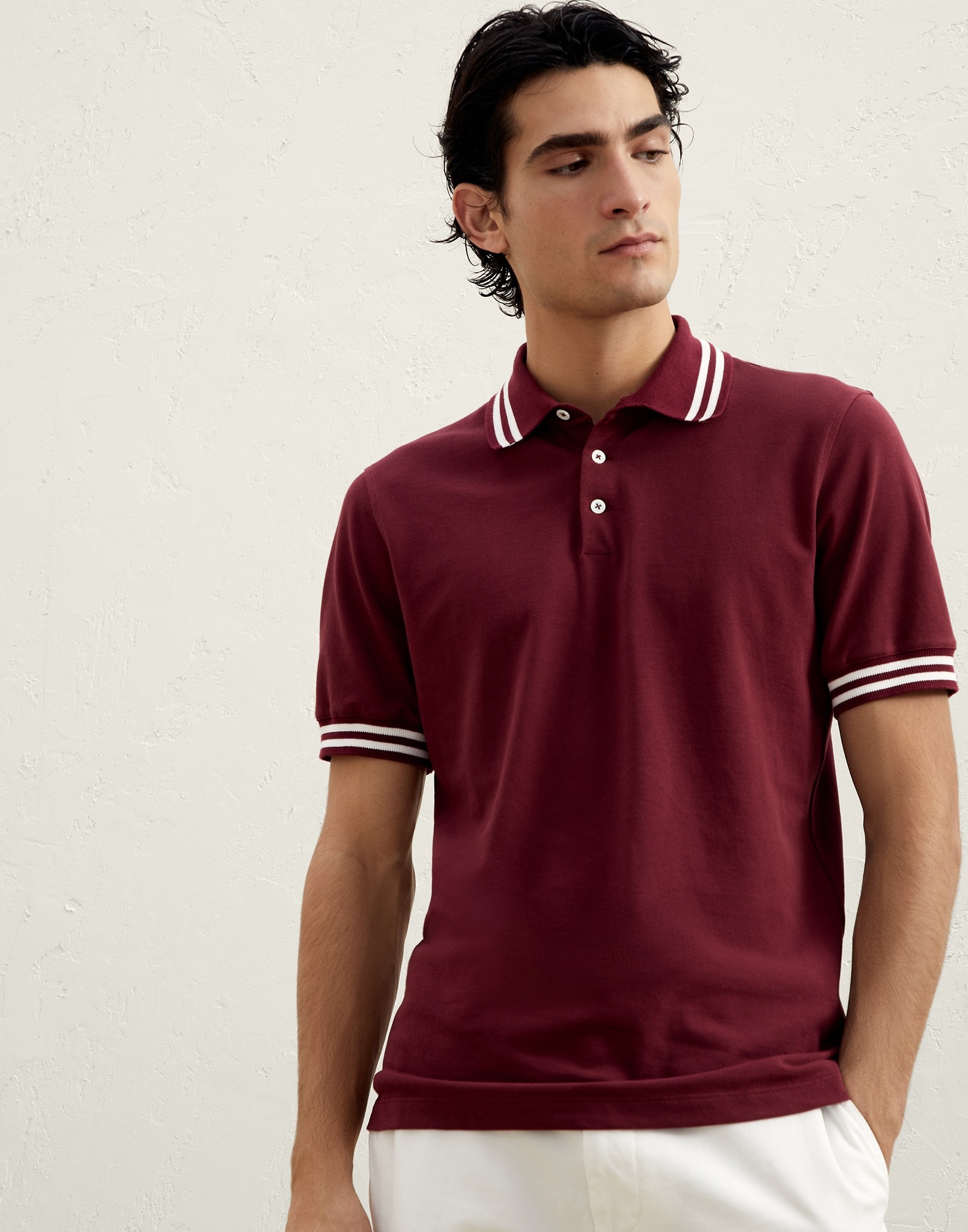 Cotton piqué slim fit polo shirt with striped knit details - 1
