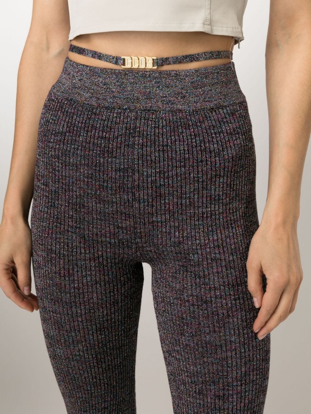 lurex-detailing flared knitted trousers - 5