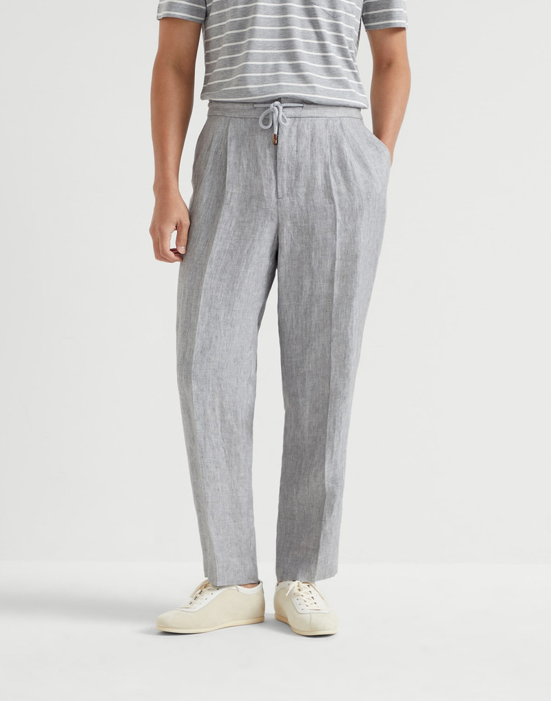 Linen chevron leisure fit trousers with drawstring and double pleats 1