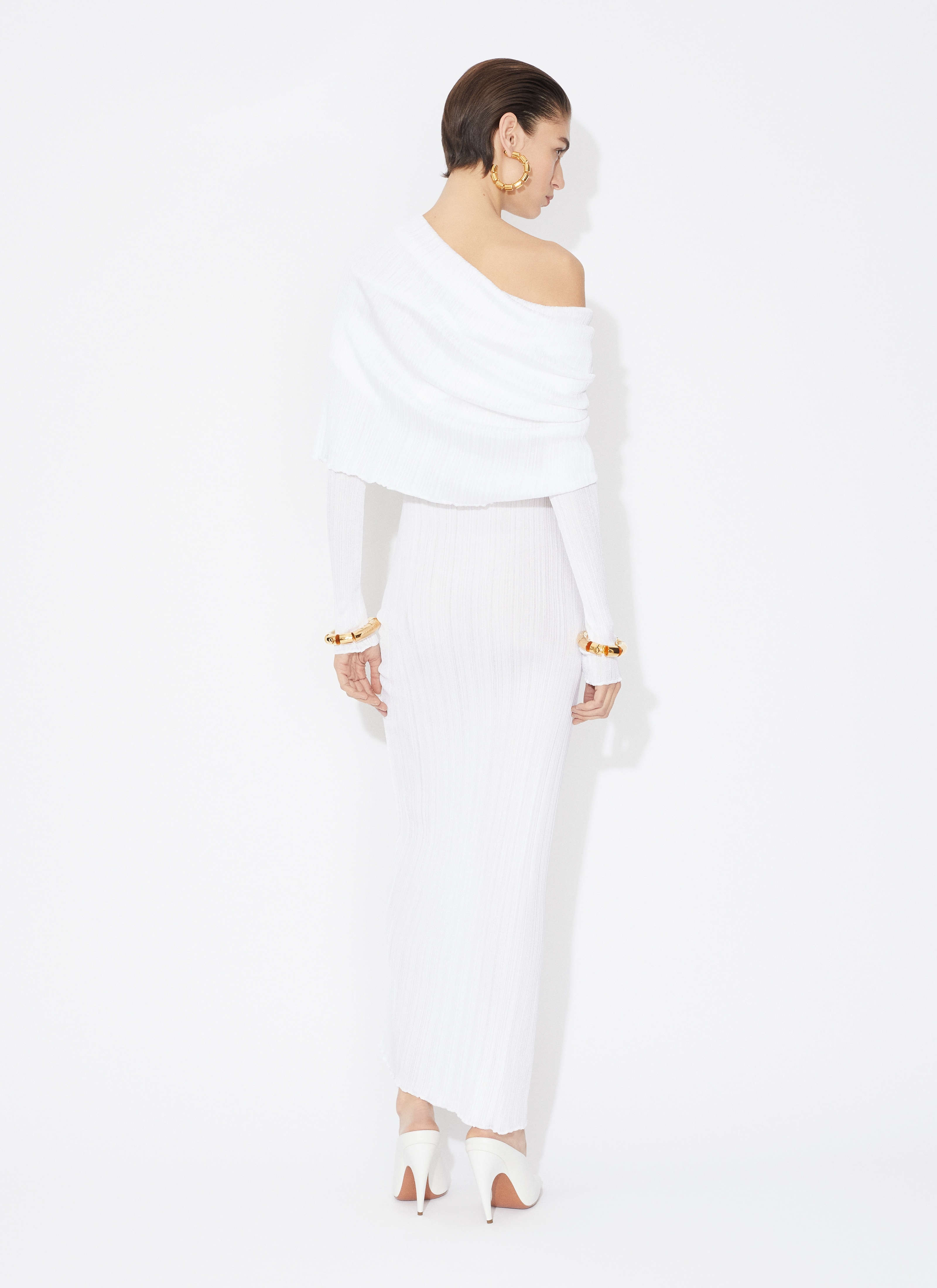 DRAPED OFF SHOULDER DRESS IN PLEATED KNIT - 3