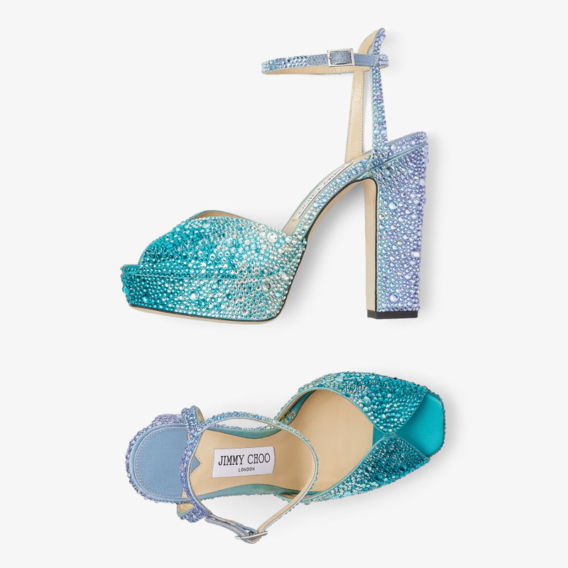 Sacaria PF 120 Peacock Satin Platform Sandals with Crystals 5