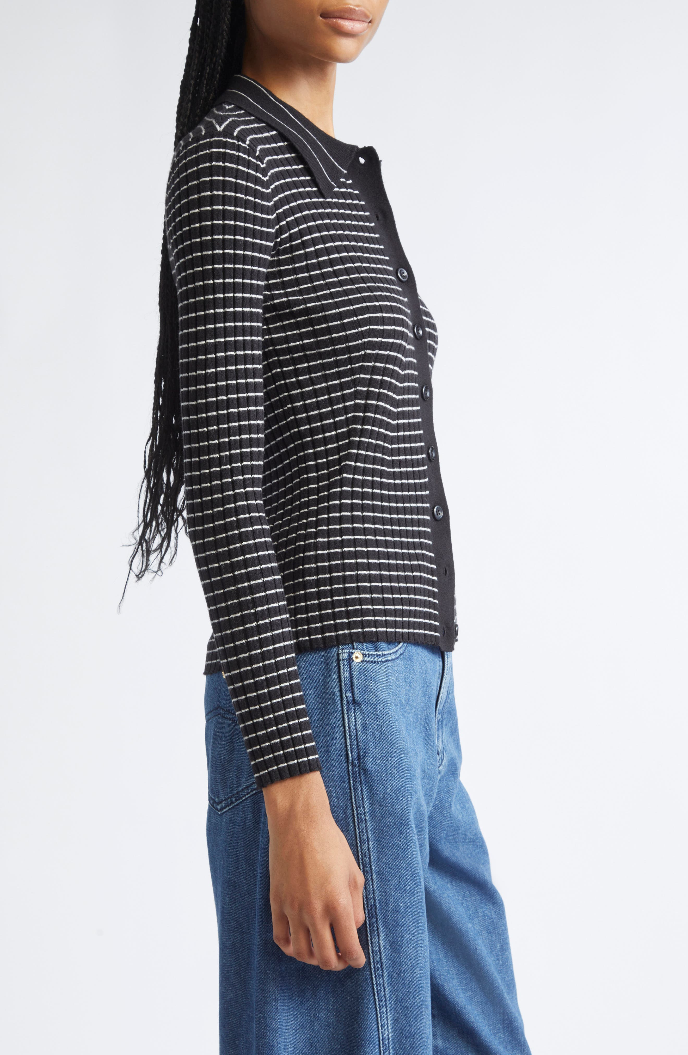 Emporio Armani Stripe Rib Collared Cardigan in Black at Nordstrom - 4