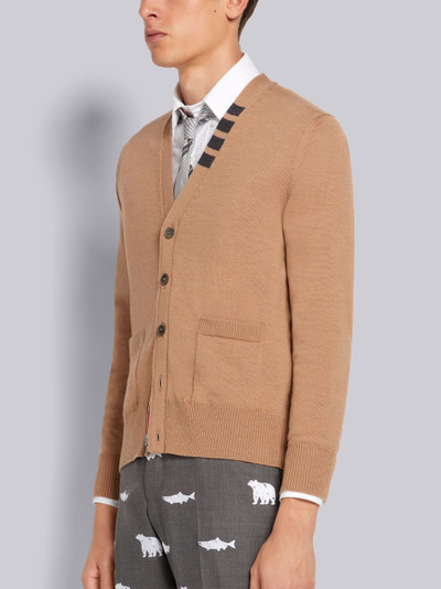 Thom Browne Camel Superfine Merino Wool Jersey Stitch 4-Bar Stripe Relaxed Fit V-Neck Cardigan outlook