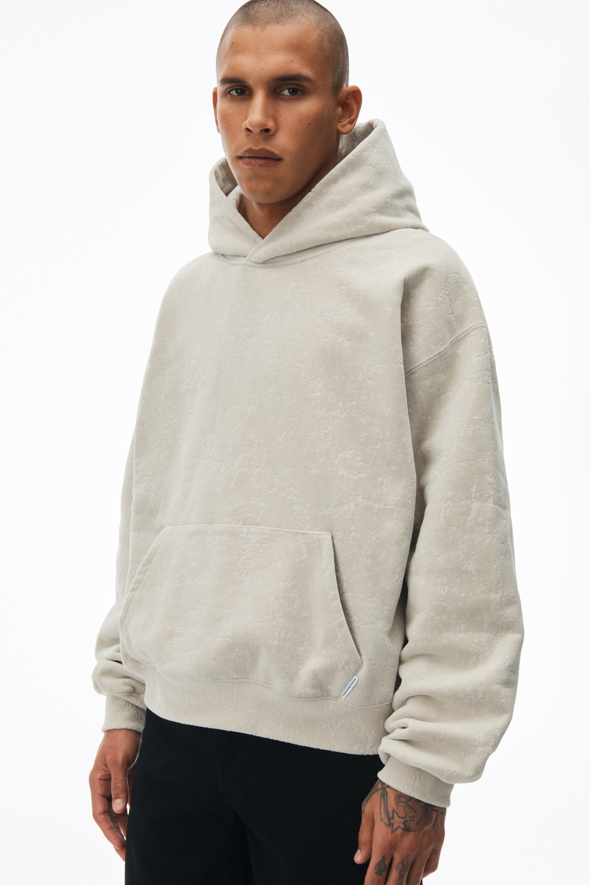 hooded sweatshirt in flocked terry with logo flag tag - 3