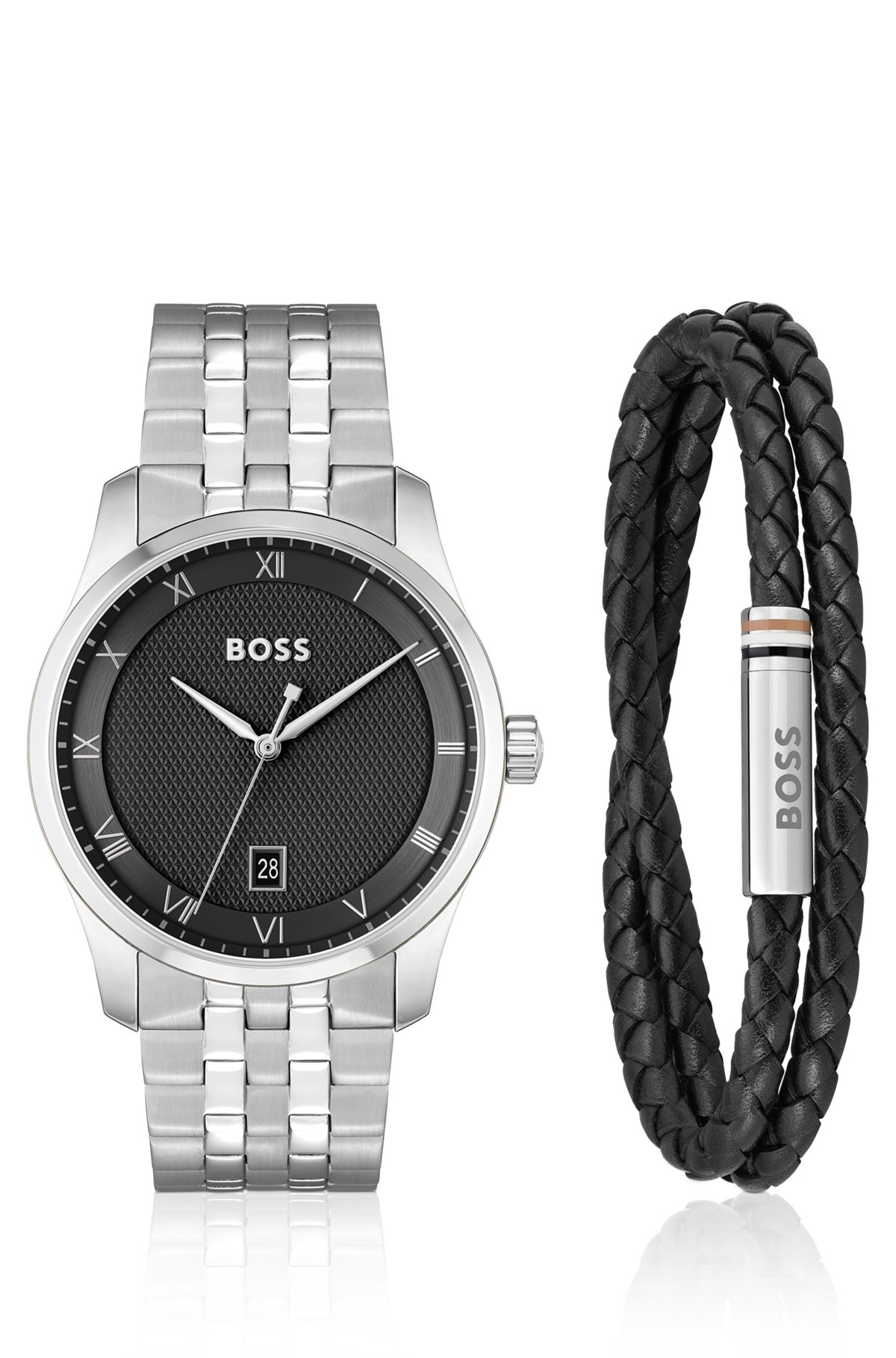 KNURLED-DIAL WATCH AND BRAIDED-LEATHER CUFF GIFT SET - 1