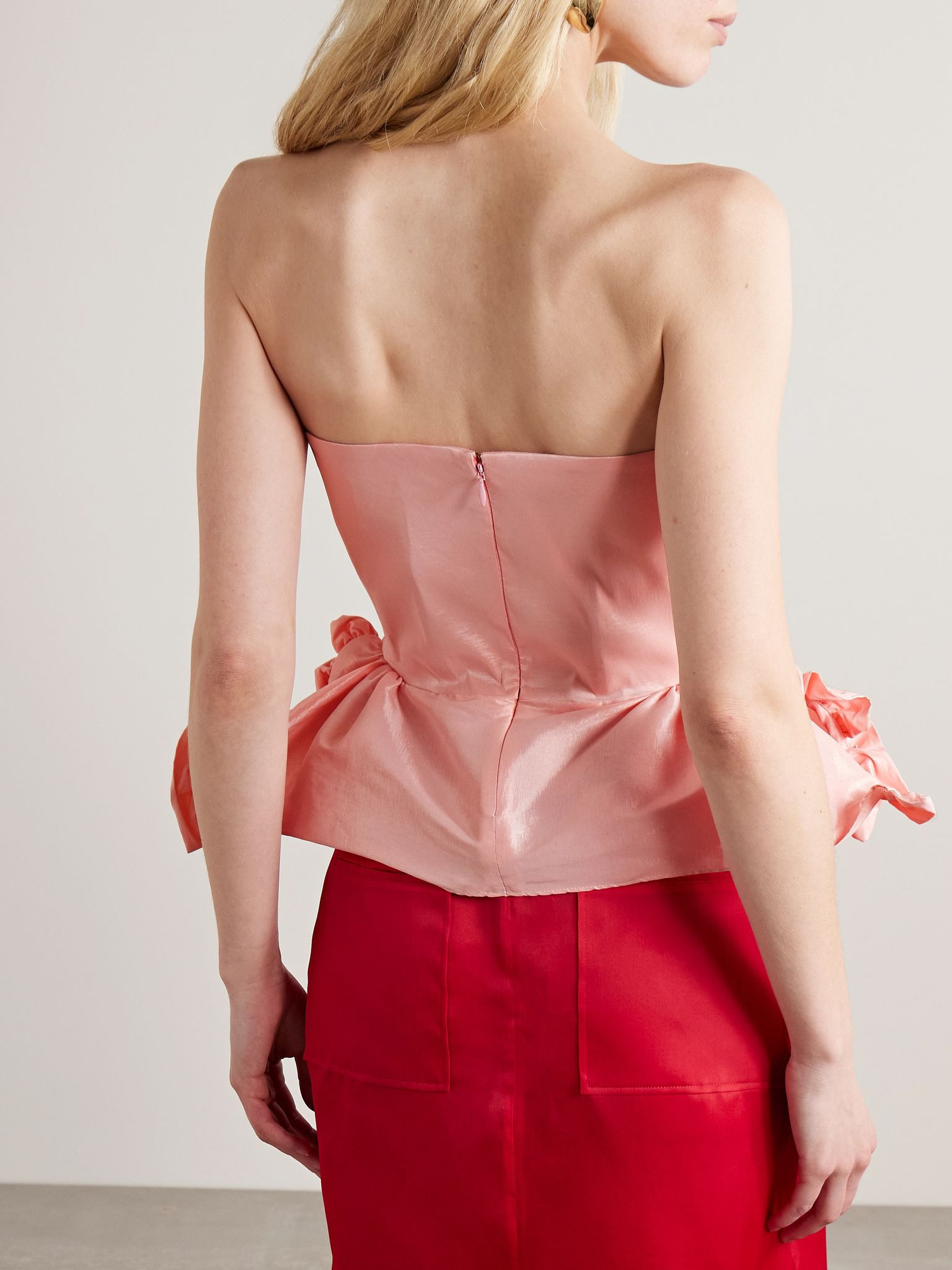 Tasha strapless twist-front ruffled taffeta top Baby pink - 3