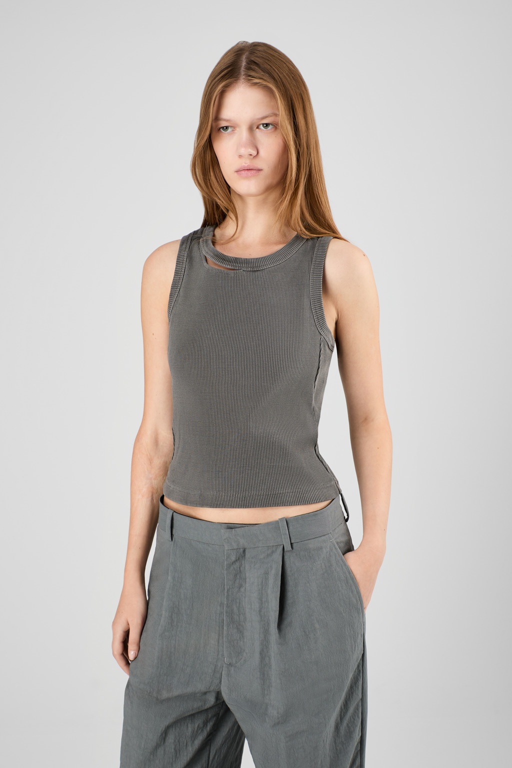 Faded Black Ribbed Tank Top - 2