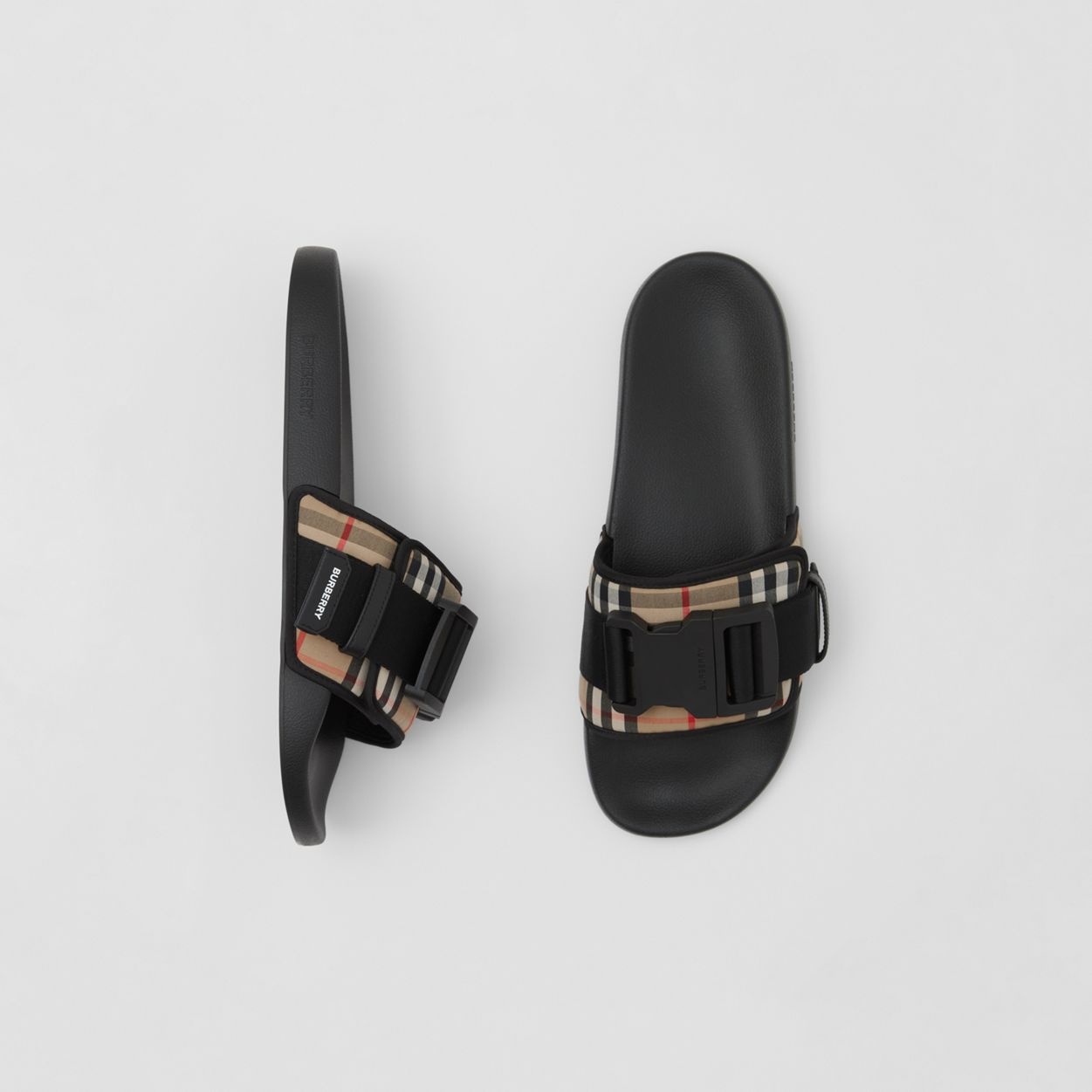 Buckled Strap Vintage Check Cotton Slides - 2