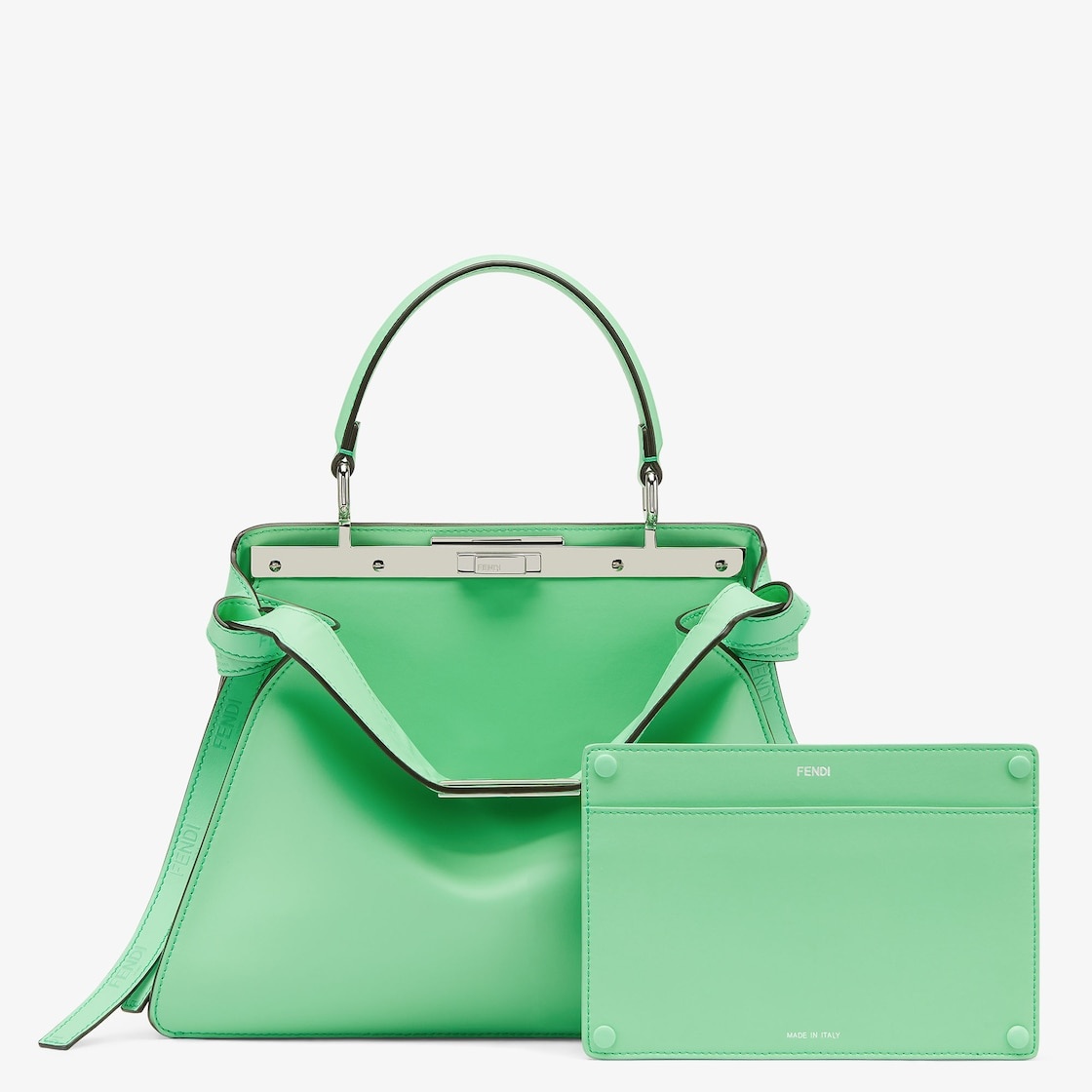 Iconic medium Peekaboo ISeeU bag, made of green leather with long knotted side laces, printed with a - 3